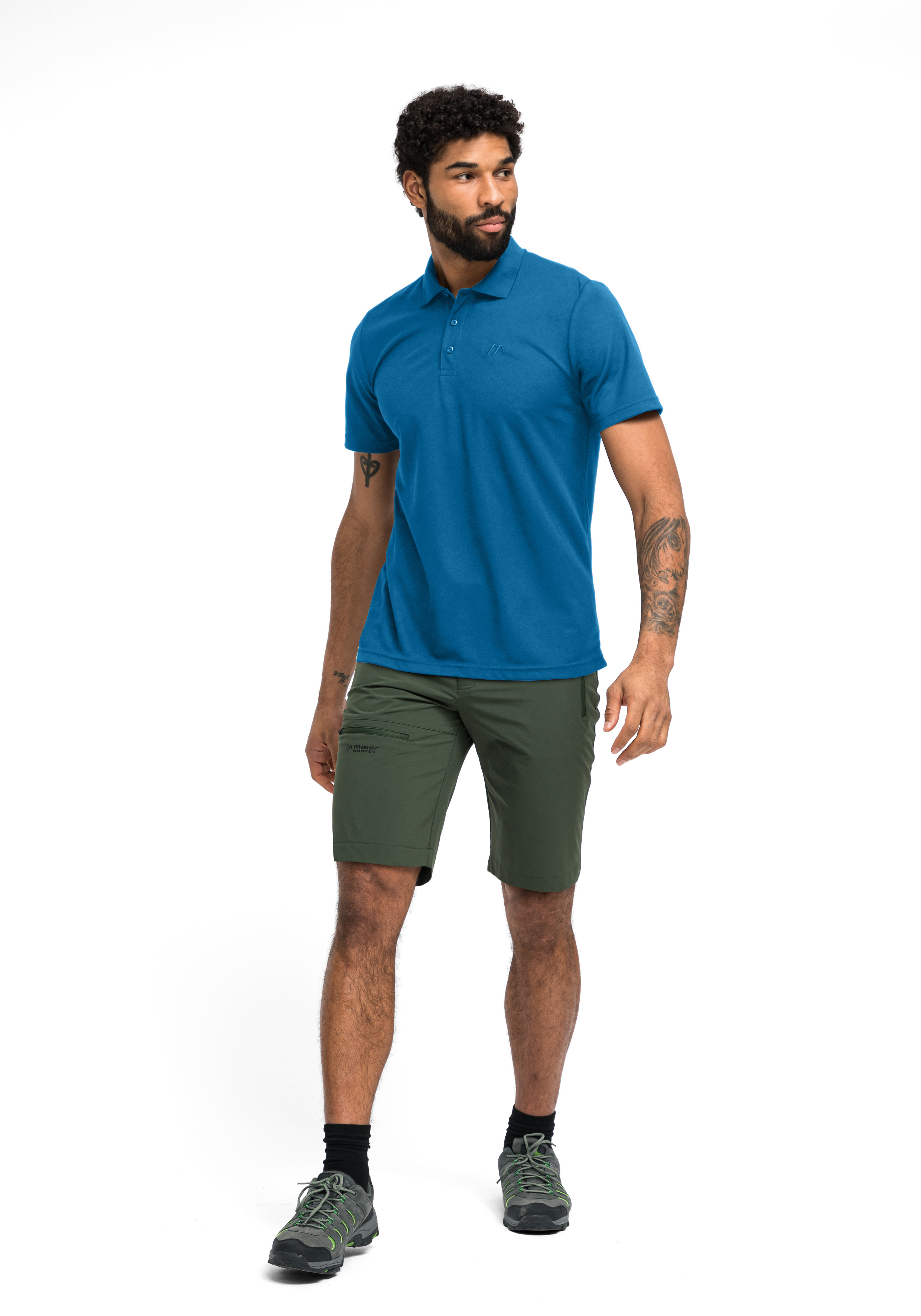 Polohemd, Shorts, blaues Polohemd, grüne Shorts, casuales Outfit, Polohemd, Kurzarm, Polo-Shirt, Baumwollmischung, Hosenlänge kurz