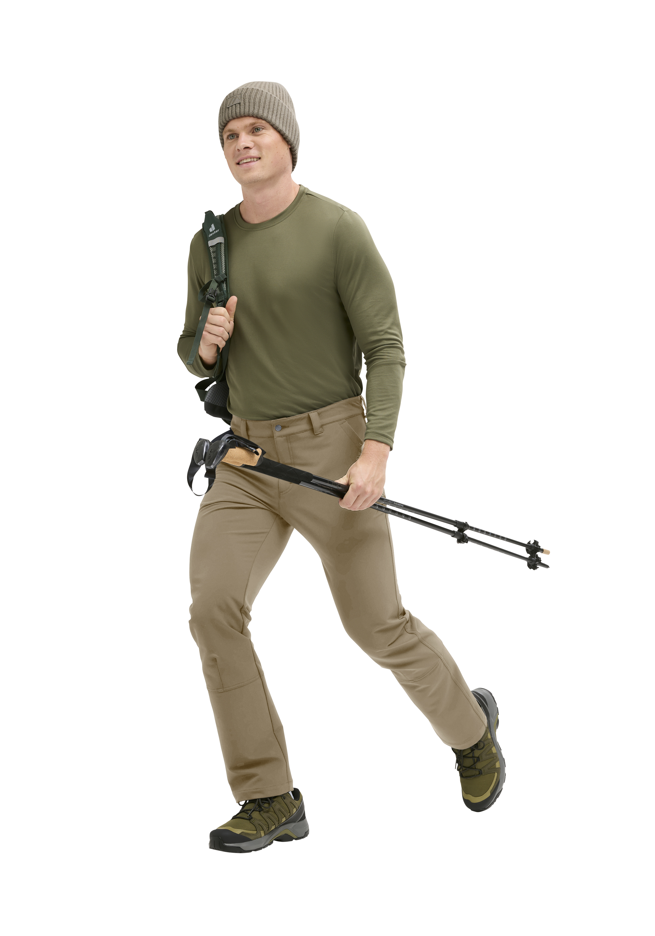 Hiking pants, Khaki pants, Long-sleeve shirt, Beanie, Trekking poles