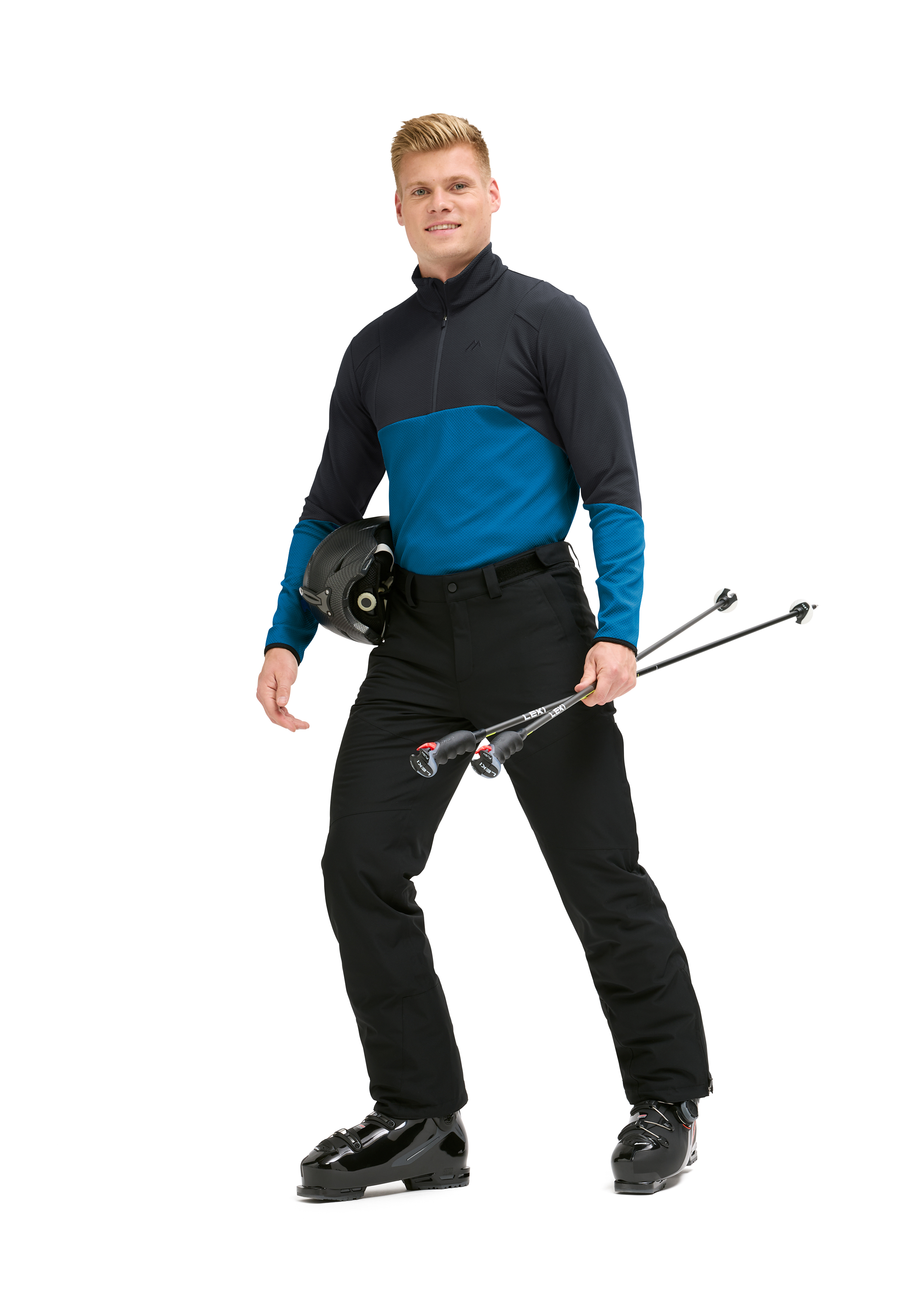 Skijacke, Hose, Skistöcke, Helm, Schwarz/Blau