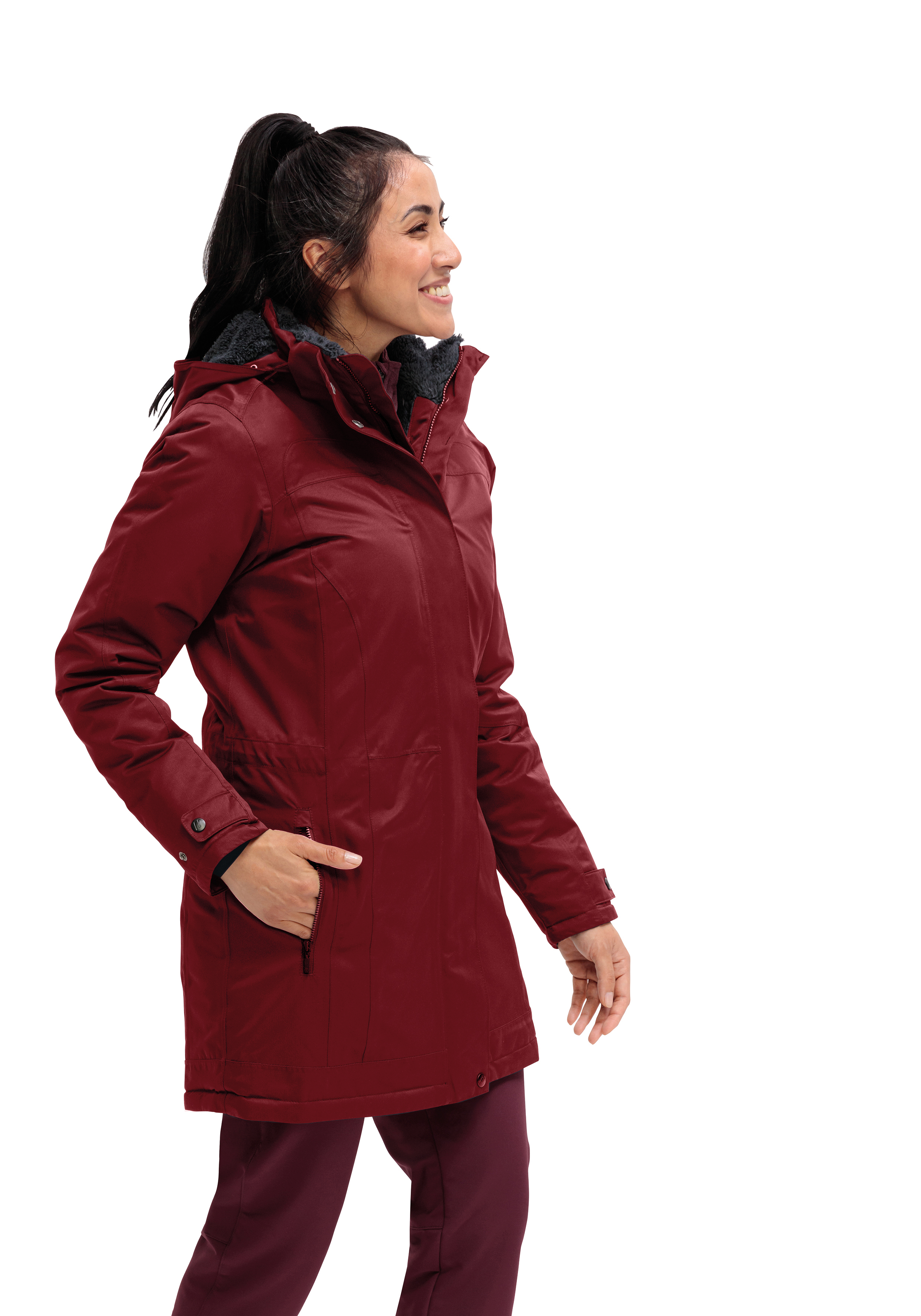 Lisa 2.1 Bekleidung, Mantel, Jacke, Person, Mantel, Jacke, Erwachsener, Person, Frau, damen jacke, maroon, winterschicht, kapuze, taschen