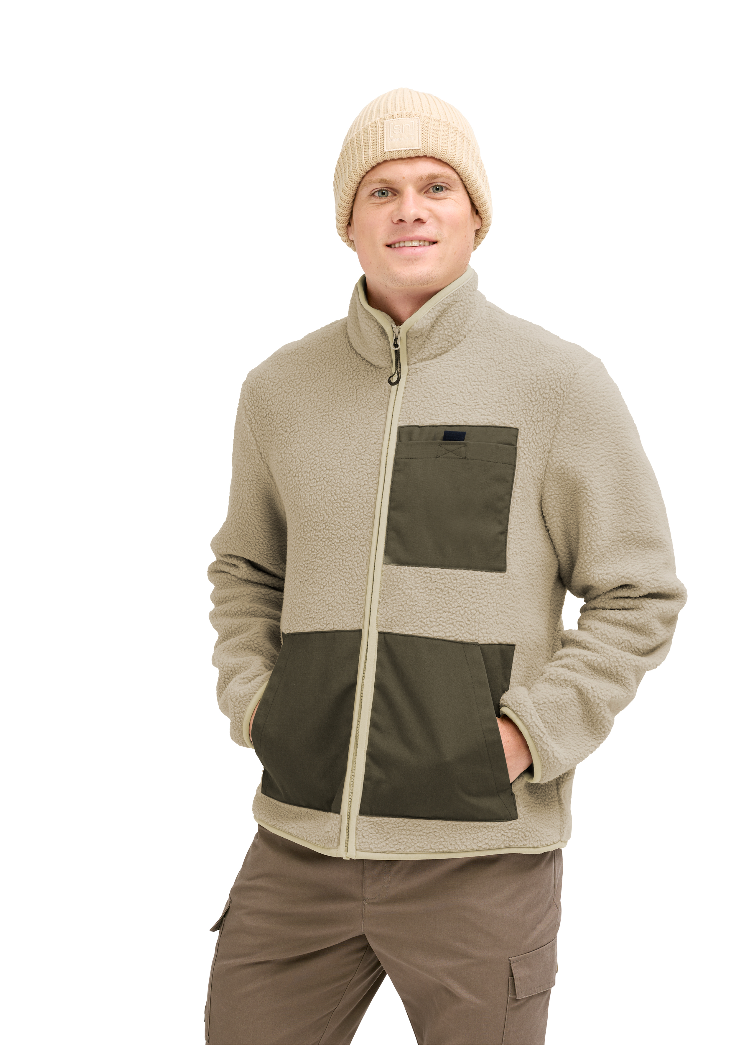  fleece, Zipper, Tasche, Mütze, khaki-grün