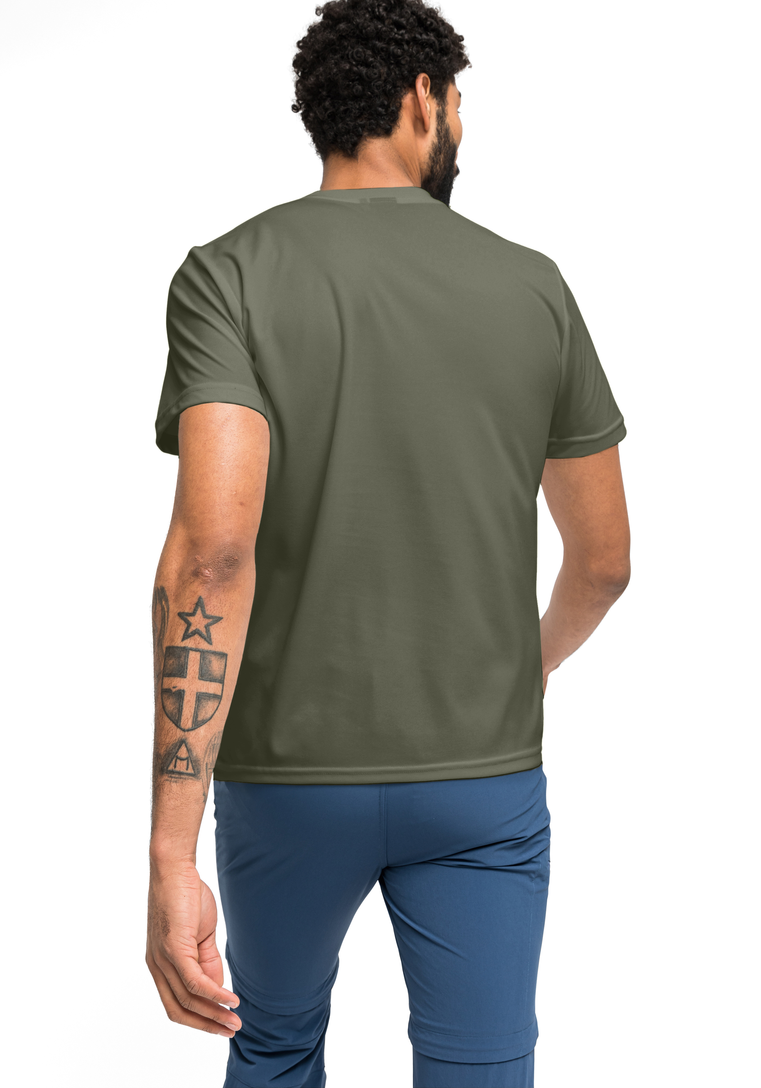 T‑Shirt, Rundhals, Kurzarm, Olivgrün, Baumwolle, T-Shirt, Kurzarm, Olive Grün, Rückenansicht, Rundhalsausschnitt, Tee-Shirt, Kurzarm, Rückseite, grün, Kleidung