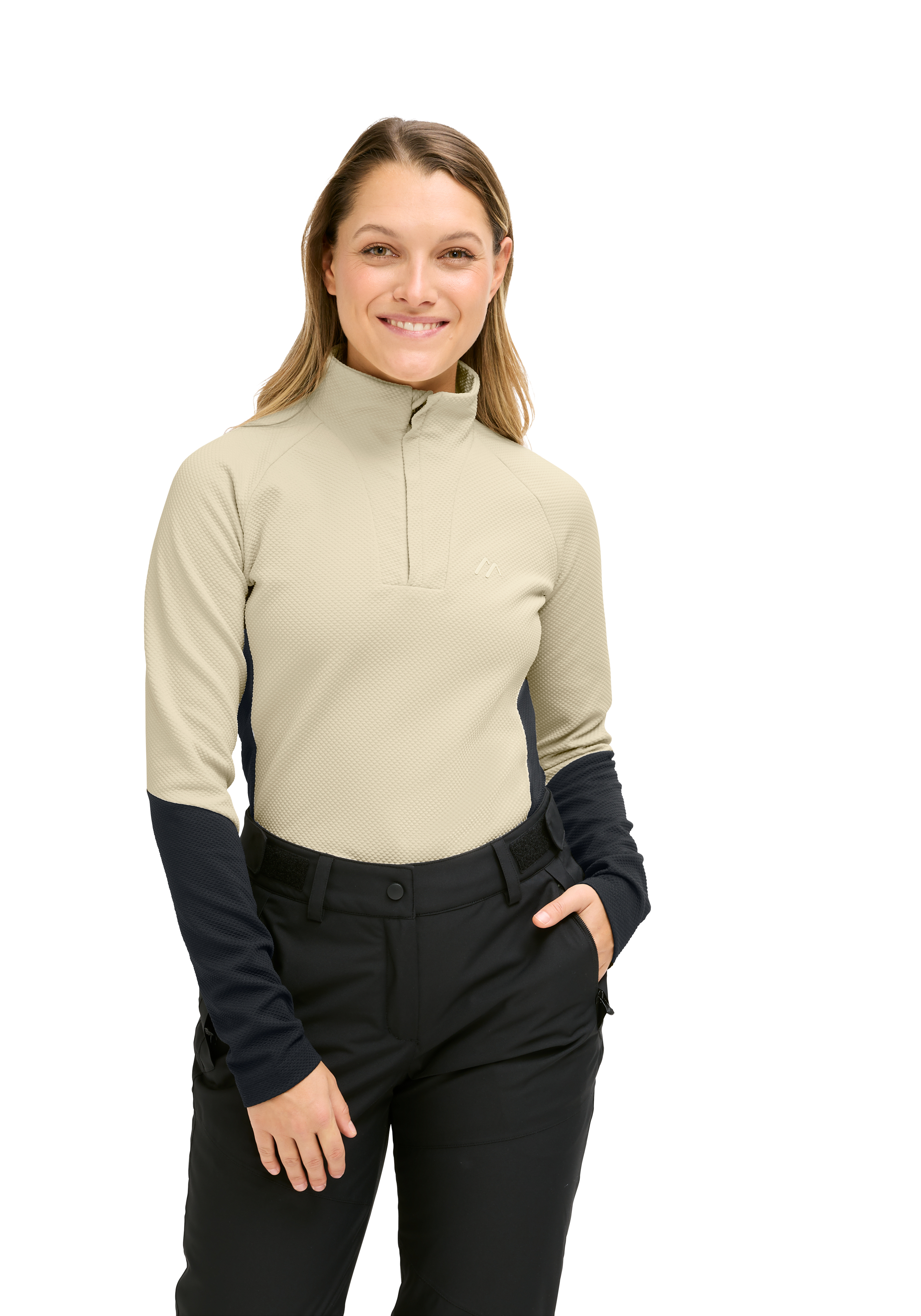 Langarmshirt, Henley, Beige, Reißverschluss, Outdoor