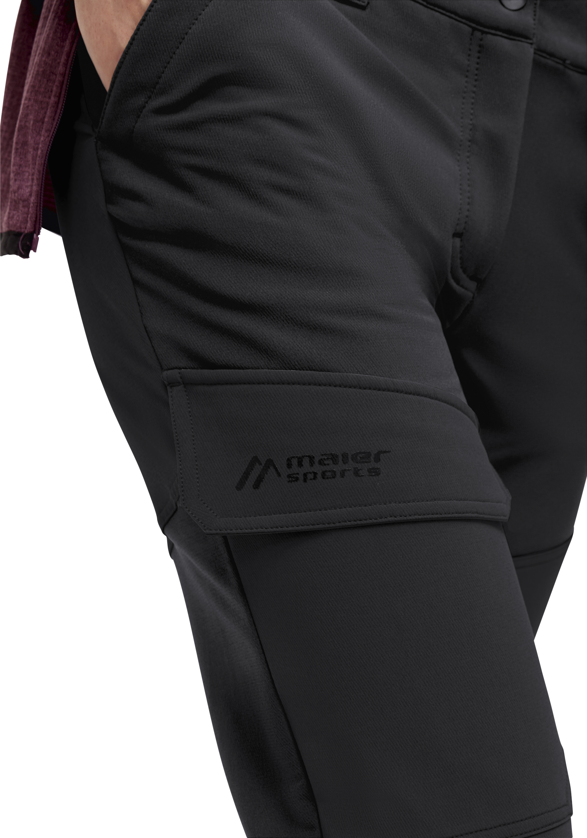Fleeceflex W hiking pants, cargo shorts, knee-length?, black fabric, Maier Sports logo