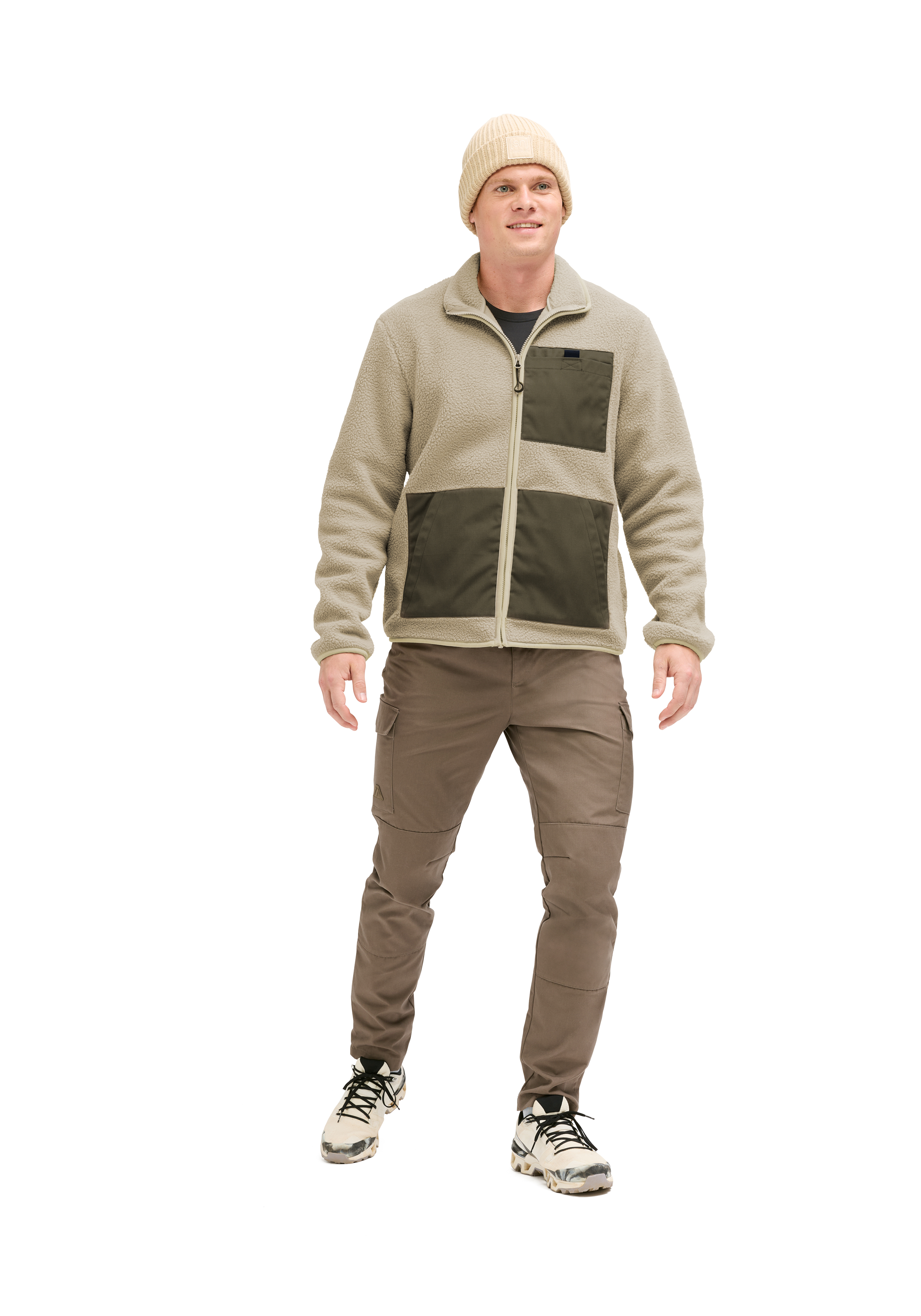 Racka Plus M Fleecejacke, Taschenfleece, Beige, Softshell-Optik, Zweifarbig
