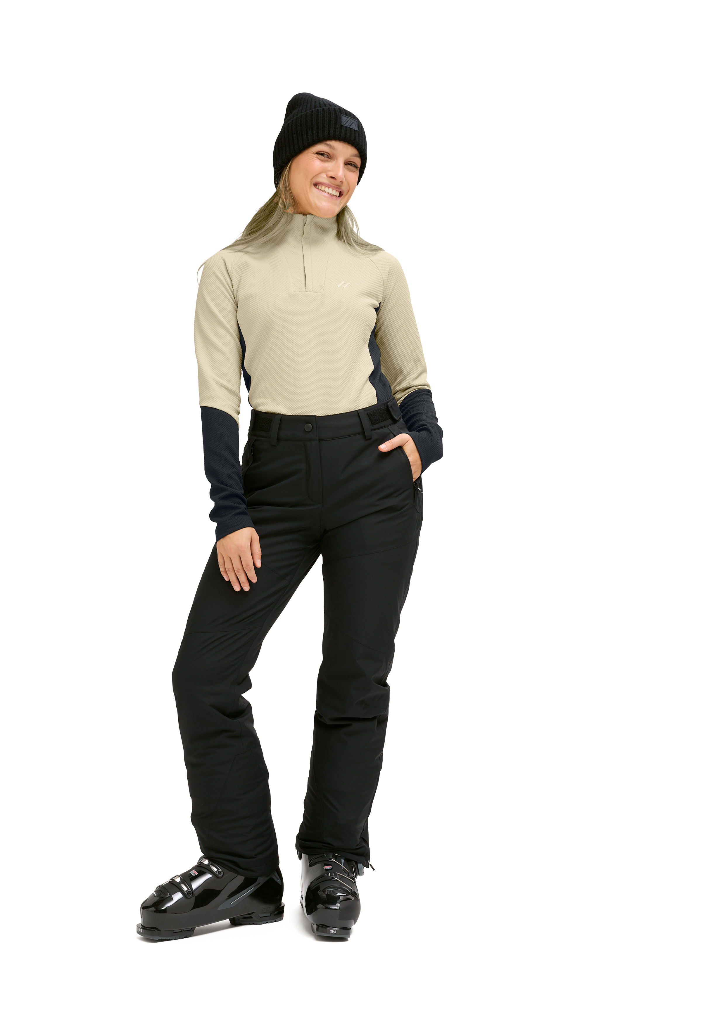 Schneehose, Skihose, schwarze Hose, Beigefarbenes Oberteil, Haube