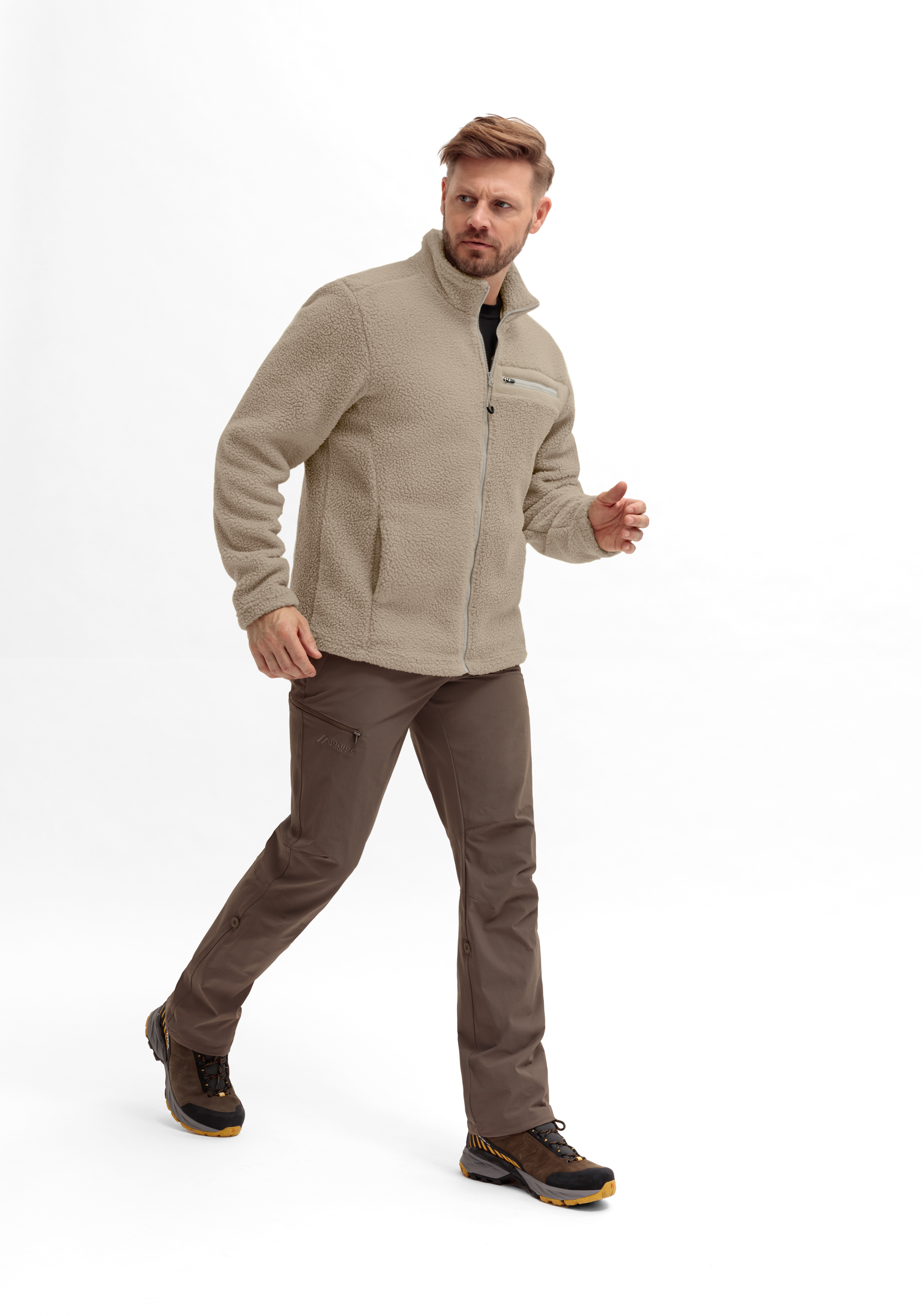 Racka M Langarm, Mantel, Erwachsener, Mann, Person, fleece jacket, Reißverschluss Tasche, beige Jacke, stehender Mann, Outdoor-Bekleidung