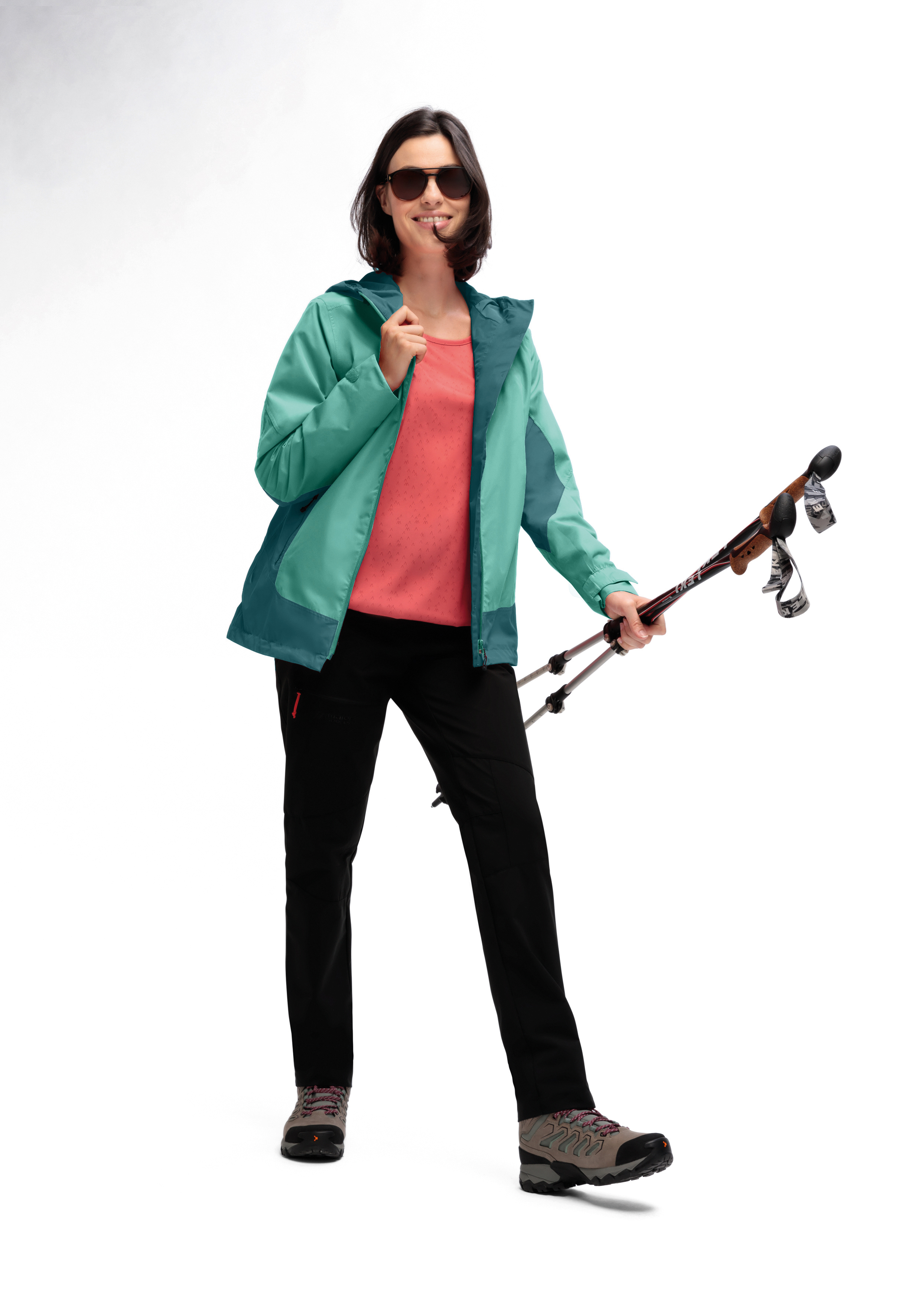 Hike jacket, Color block jacket, Ski pants, Hiking boots, Ski poles