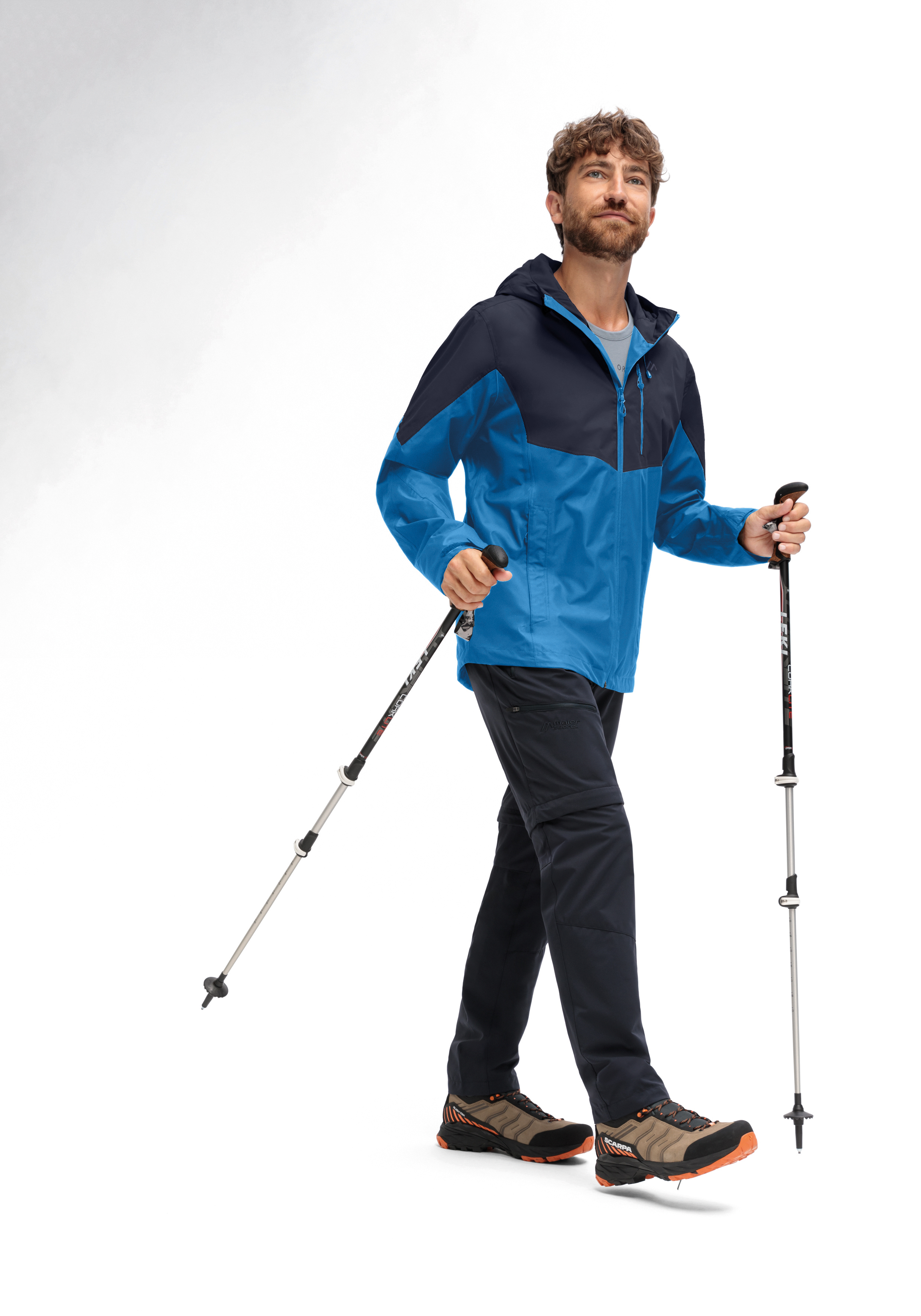 Hiking jacket, Softshell, Blue jacket, Trail gear, Trekking poles