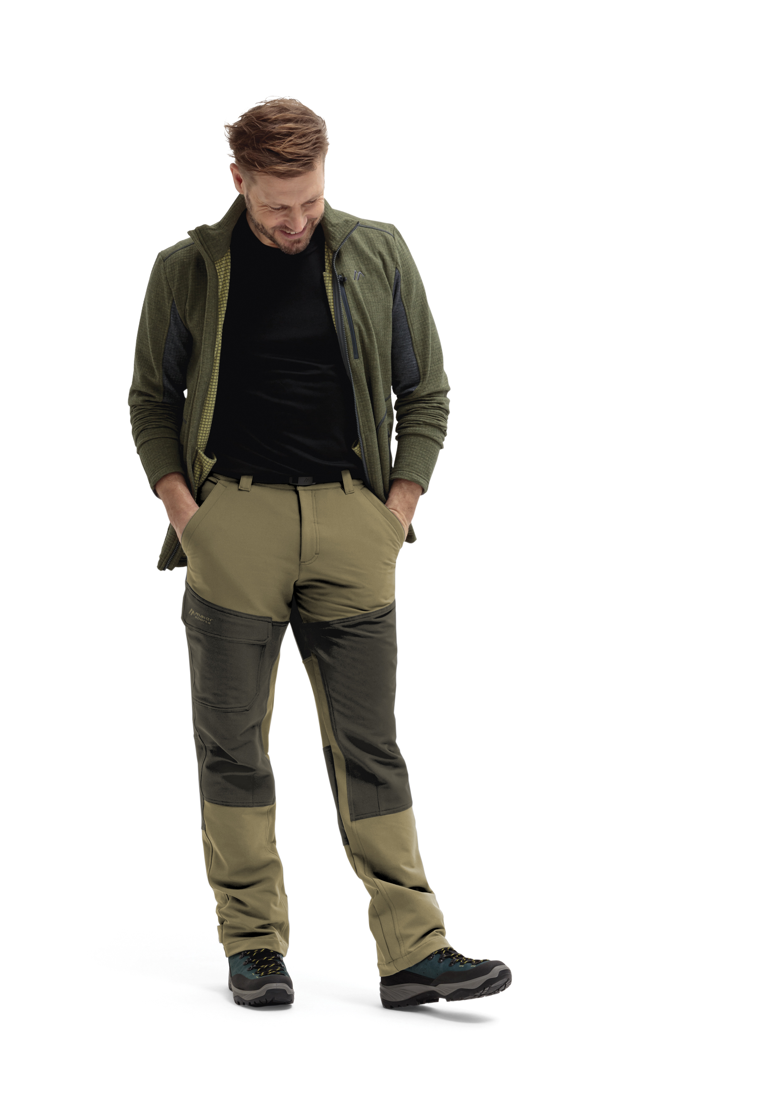 jacke, fleece, olivgrün, outdoorhose, stiefel