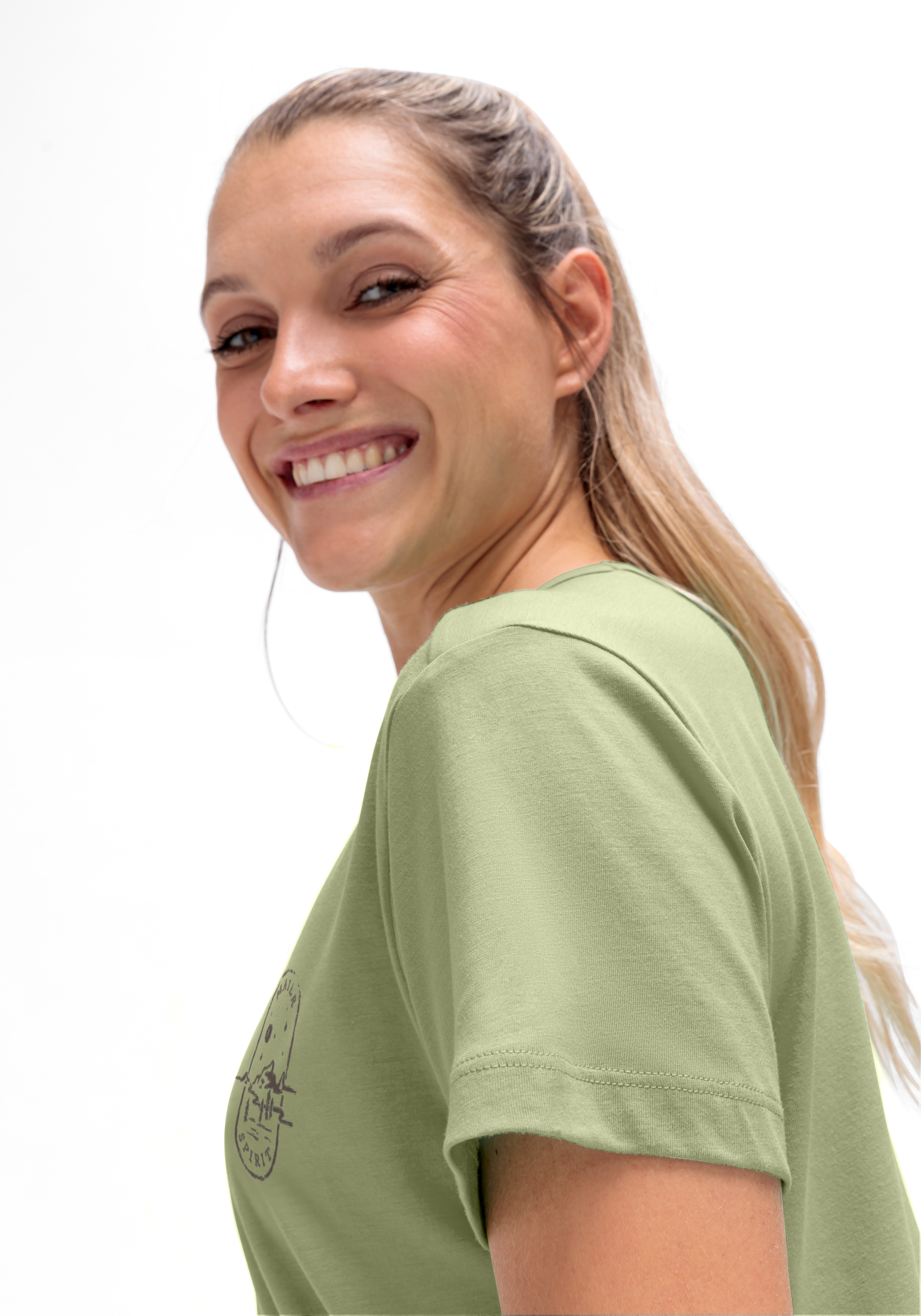 t-shirt, kurzarm, grün, logo, frau