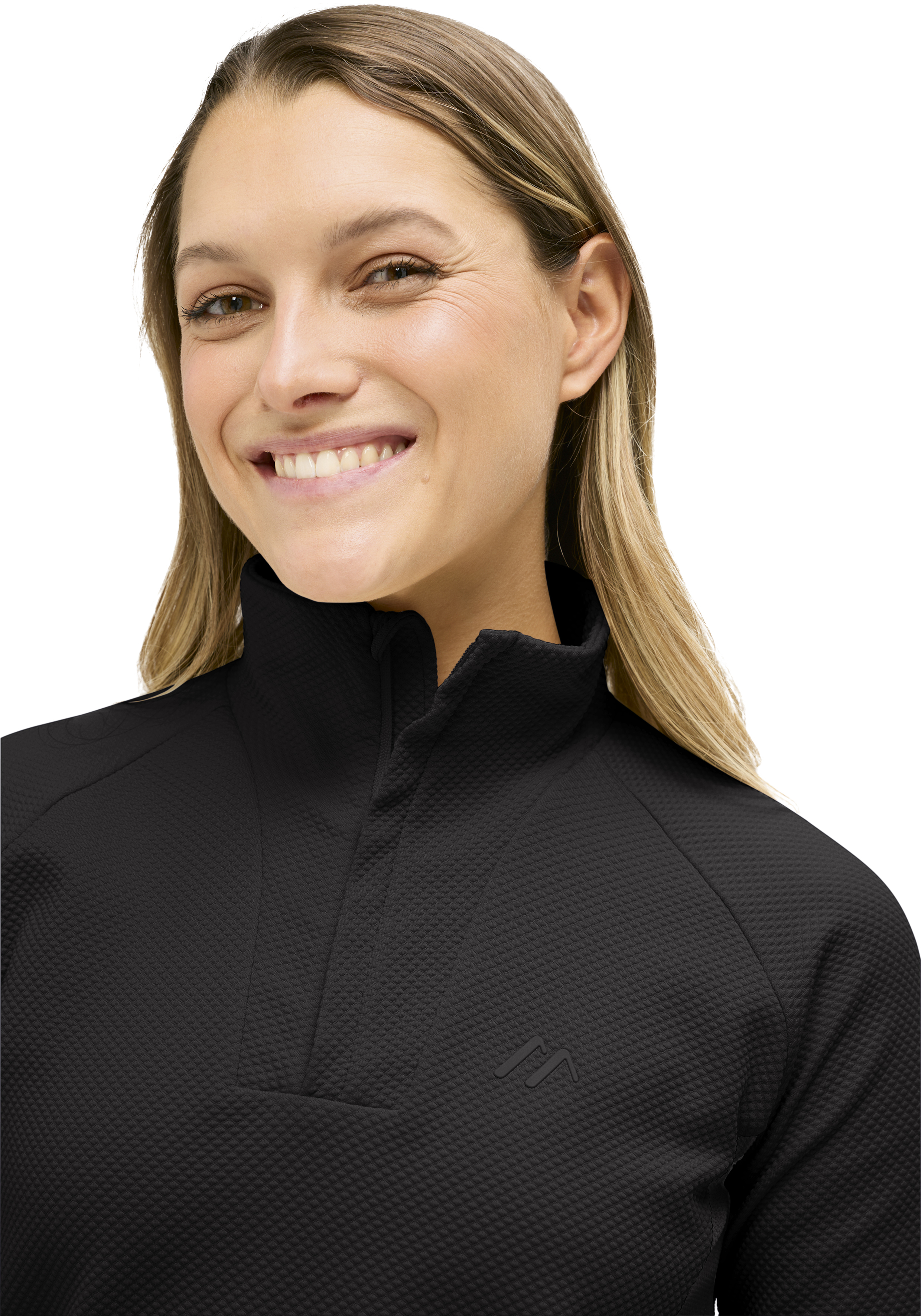 Damenpullover, Schwarz, Zipfelkragen, Textilstruktur, Sportbekleidung