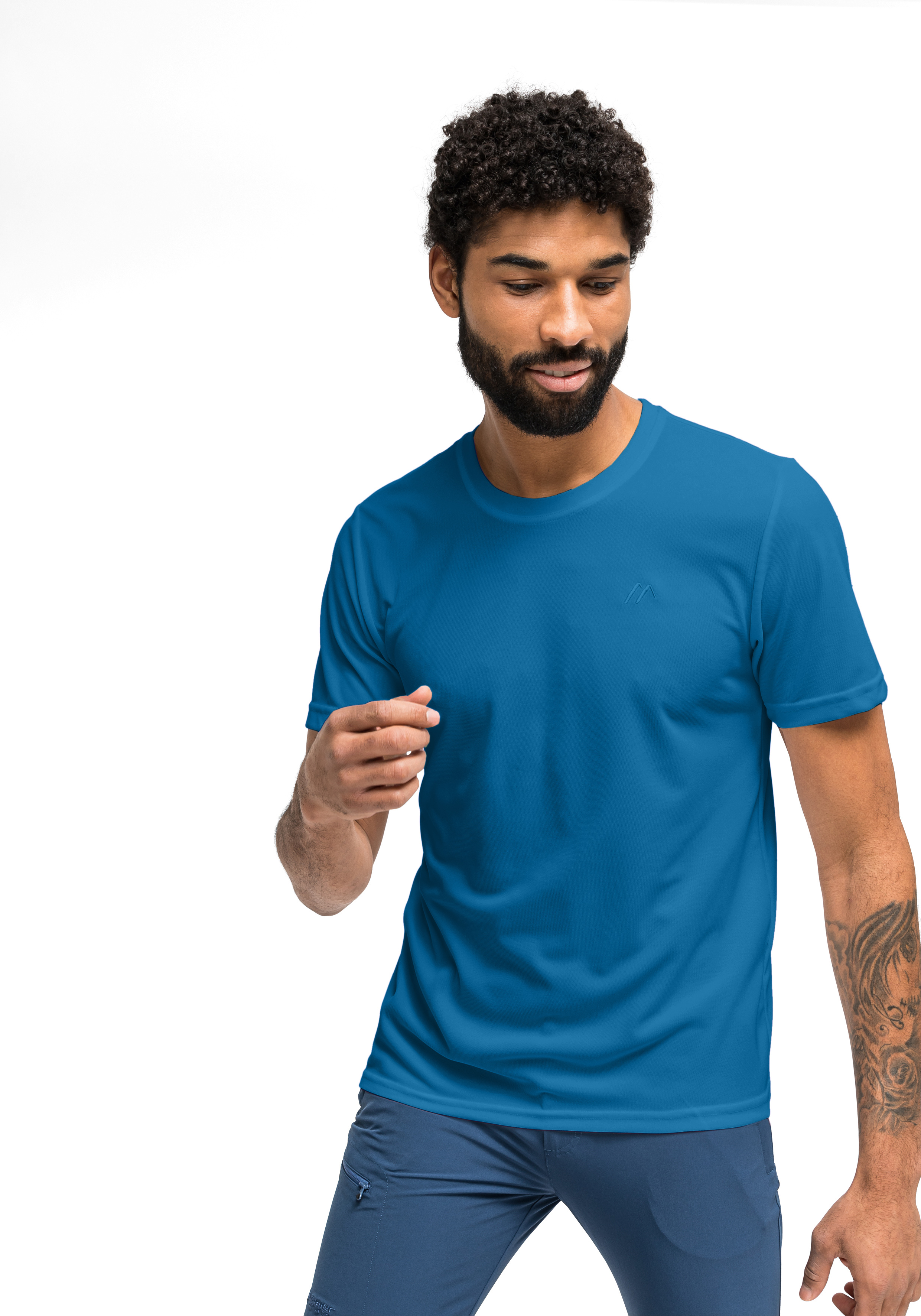 t-shirt, kurzarm, blau, rundhalsausschnitt, athletisch, t-shirt, Rundhals, Kurzarm, Blau, Uni-Farben