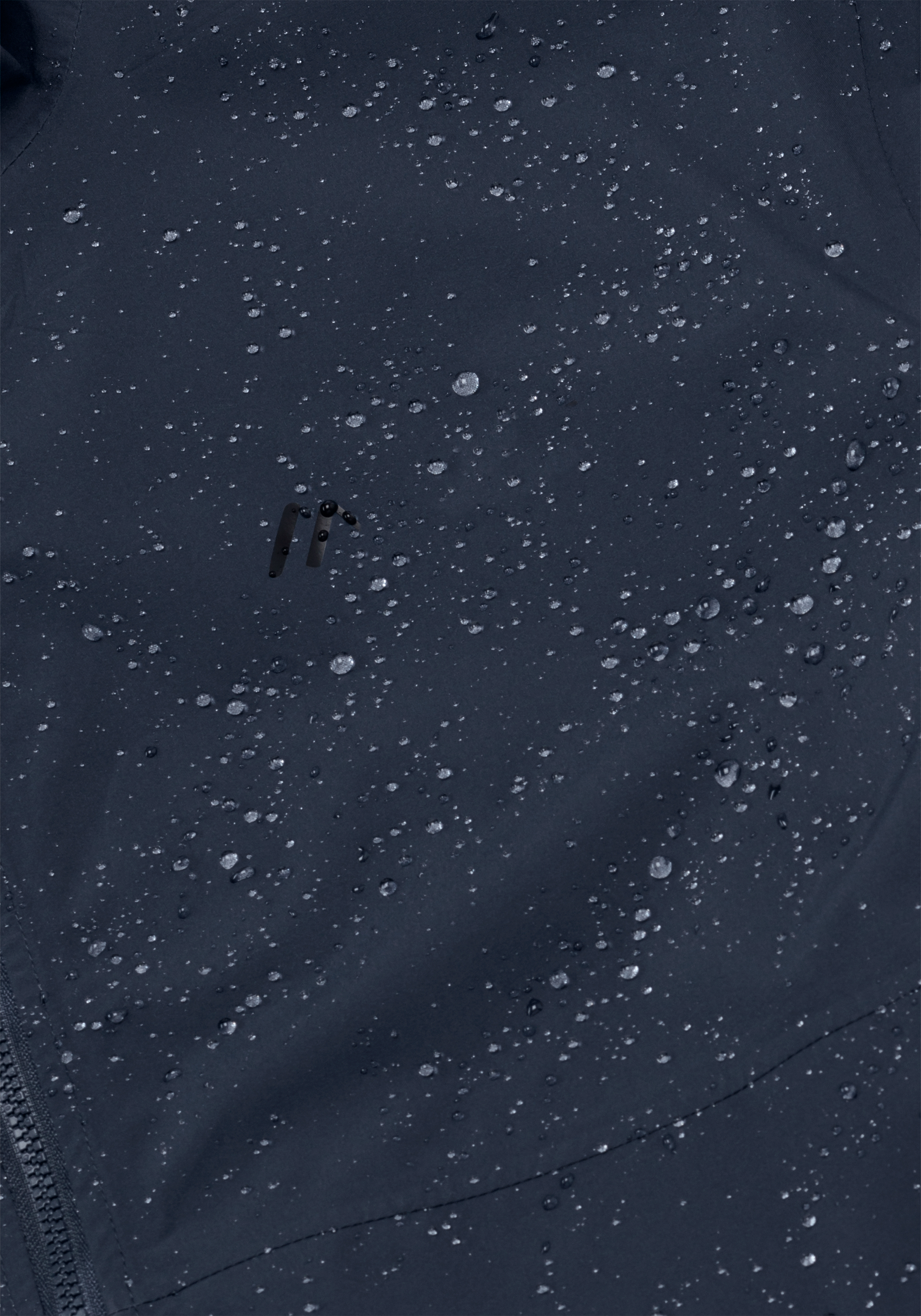 Navy jacket, Rain shell, Water droplets, Zipper pocket, Dark blue fabric