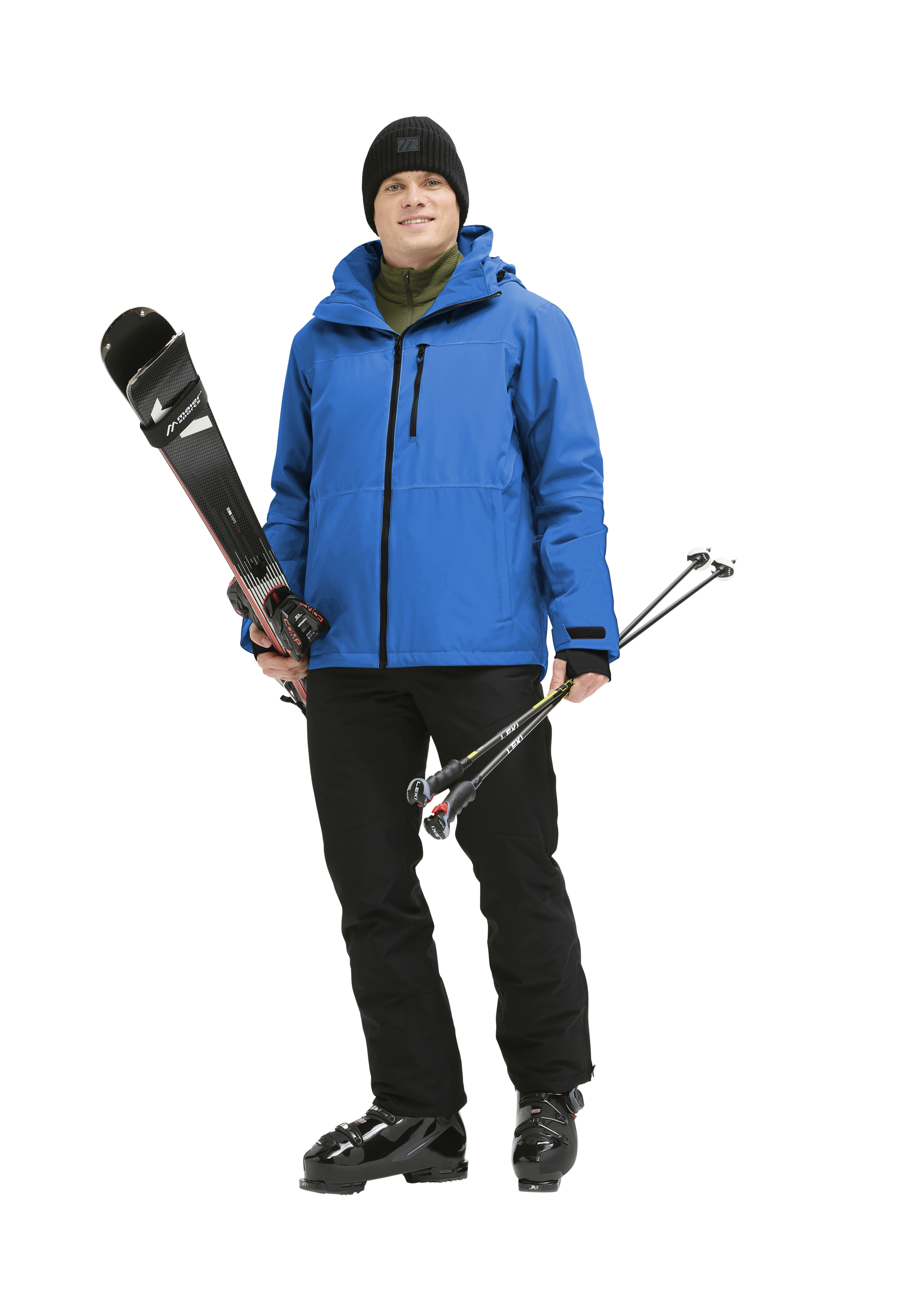 ski jacke, blaue jacke, skihose, skistiefel, skistöcke