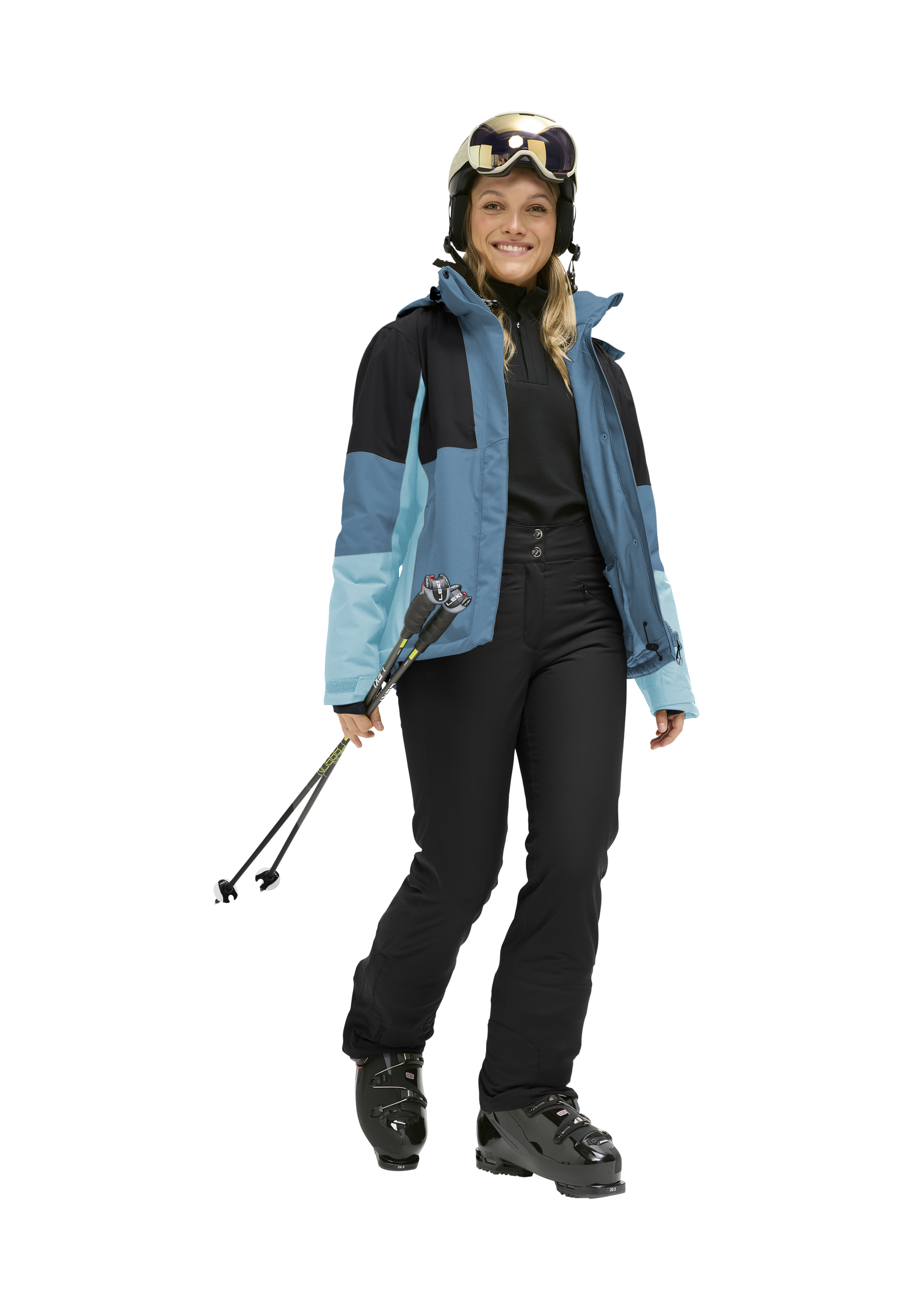Skijacke, Schneesport, Skihelm, Skihose, Skistöcke