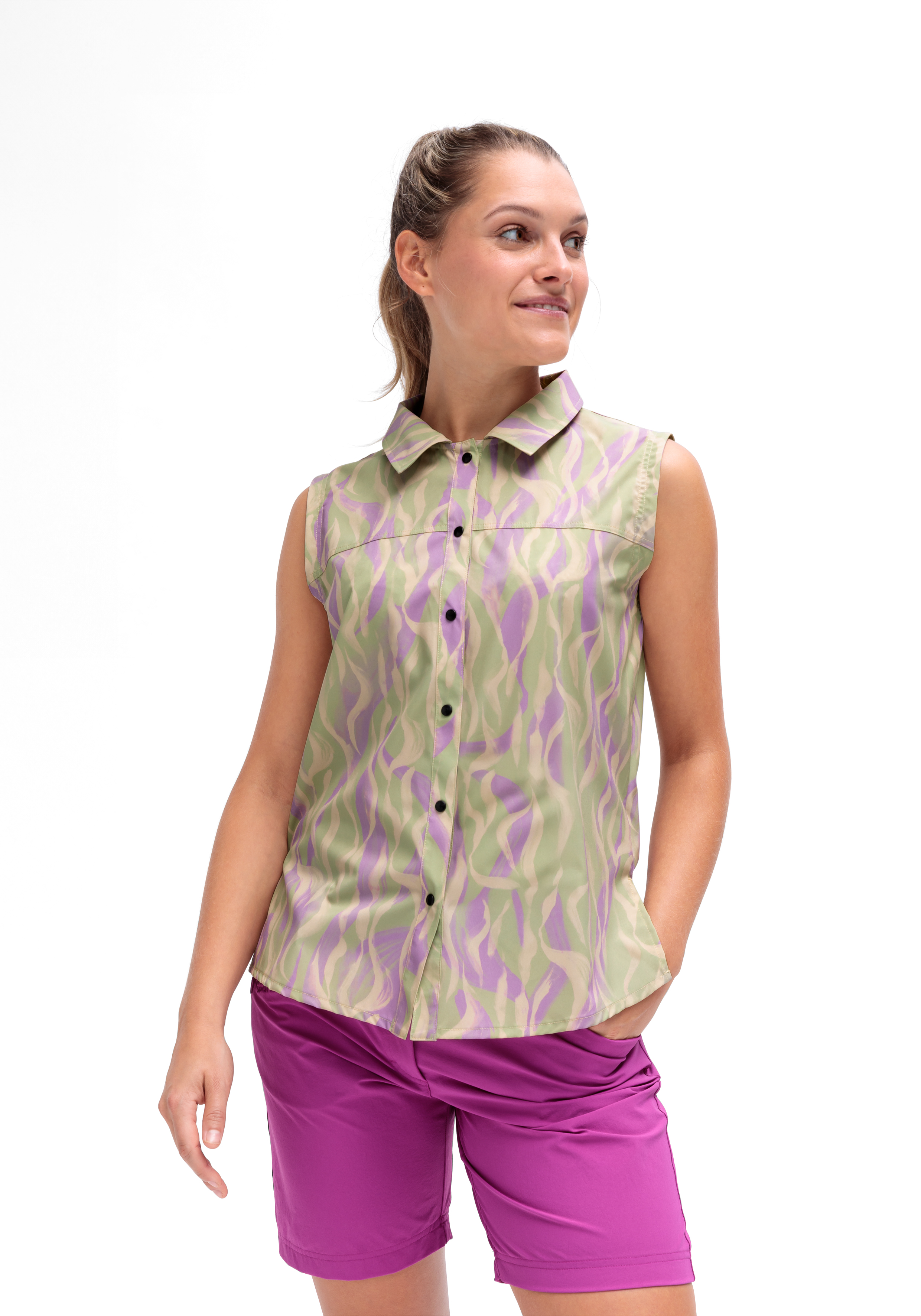 top, sleeveless, button-down, patterned, camisole