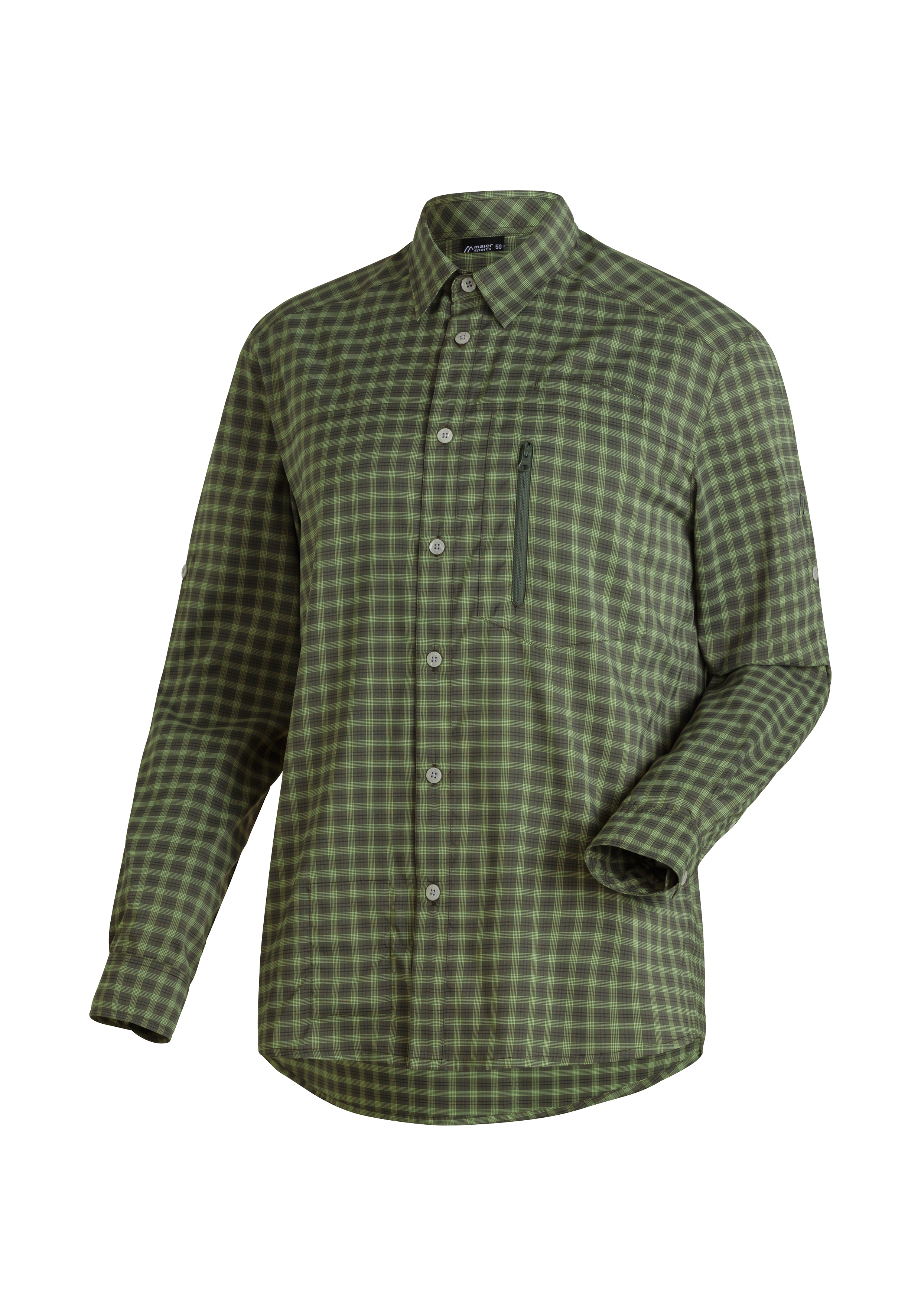 Mats L/S Hemd, Karo, Olivegrün, Kragen, Reißverschluss-Tasche