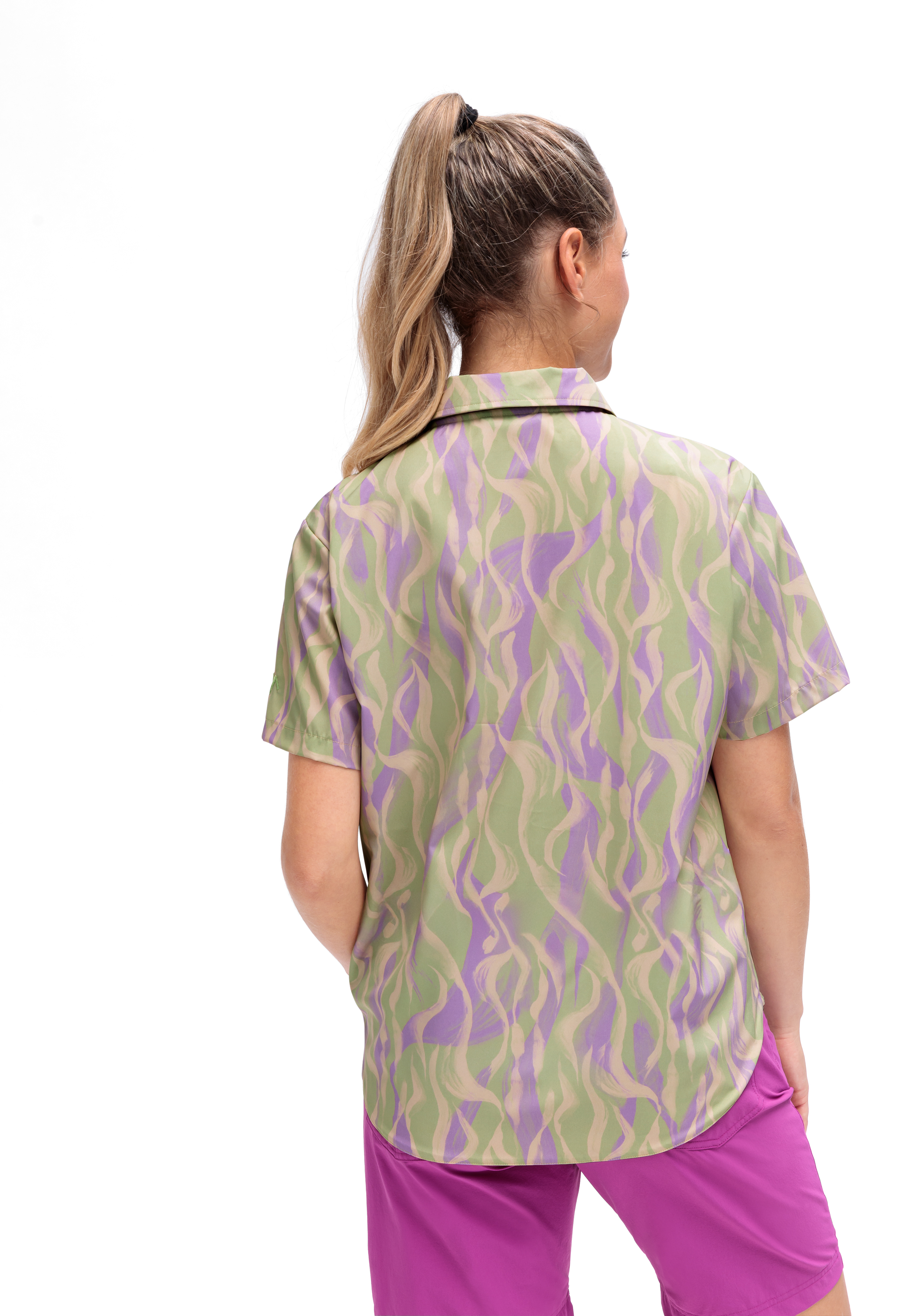 kurzarmiges Hemd, gemusterte Bluse, grün lila, Rückansicht, Kragenhemd