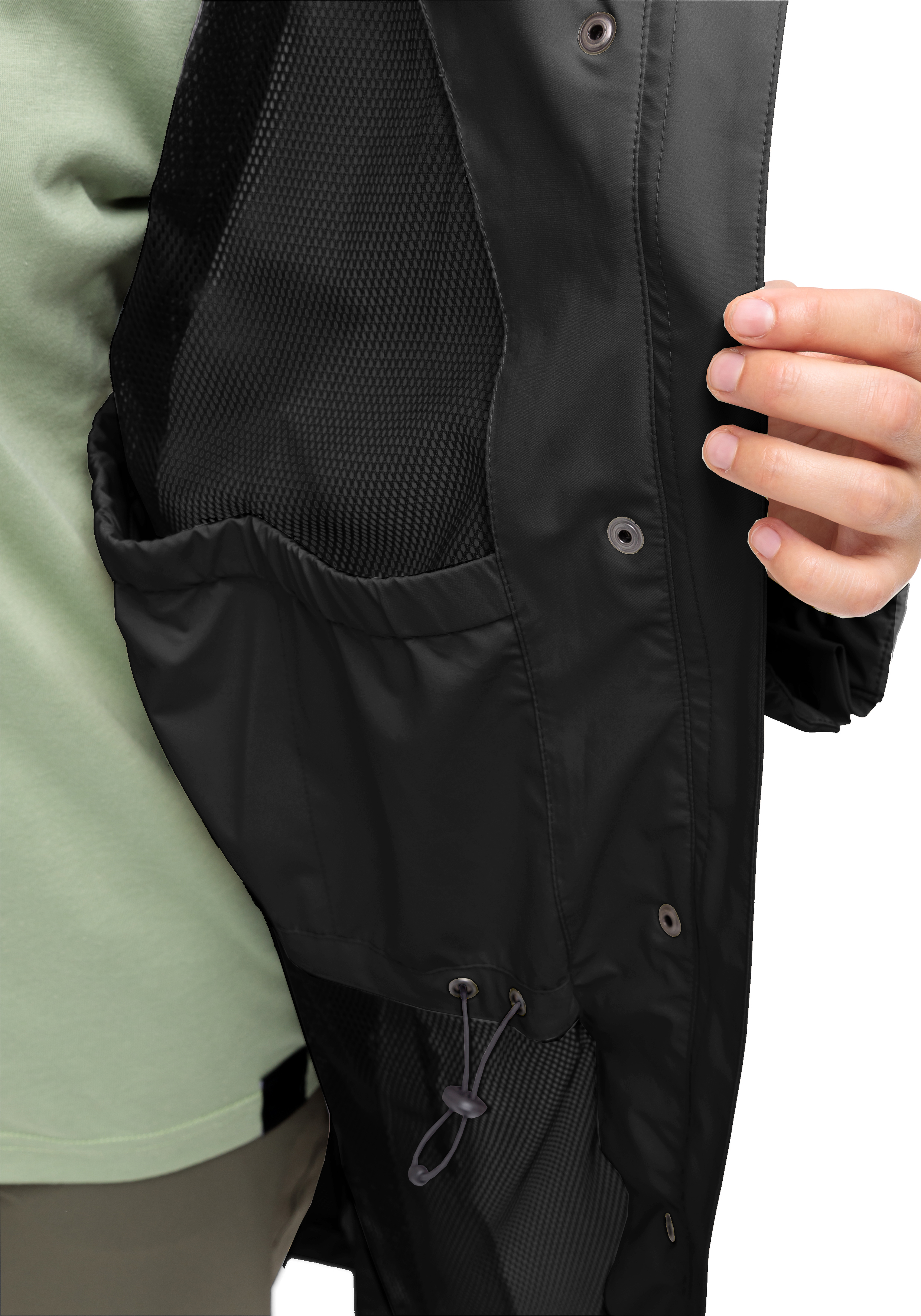 windbreaker, mesh pocket, drawstring, outer shell, black jacket