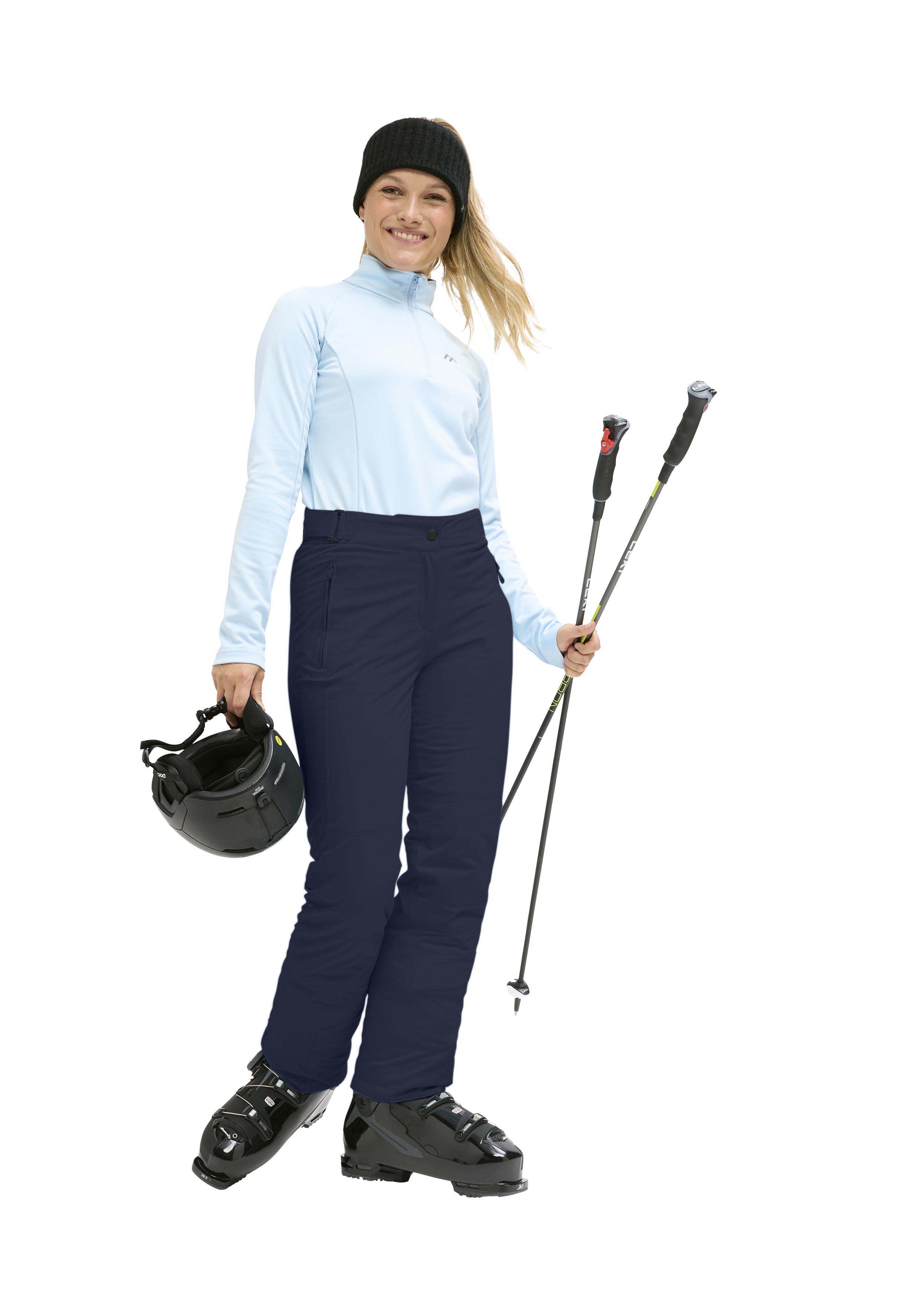 Winterschuhe, Skihose, Helm, Skistöcke, Fleecejacke