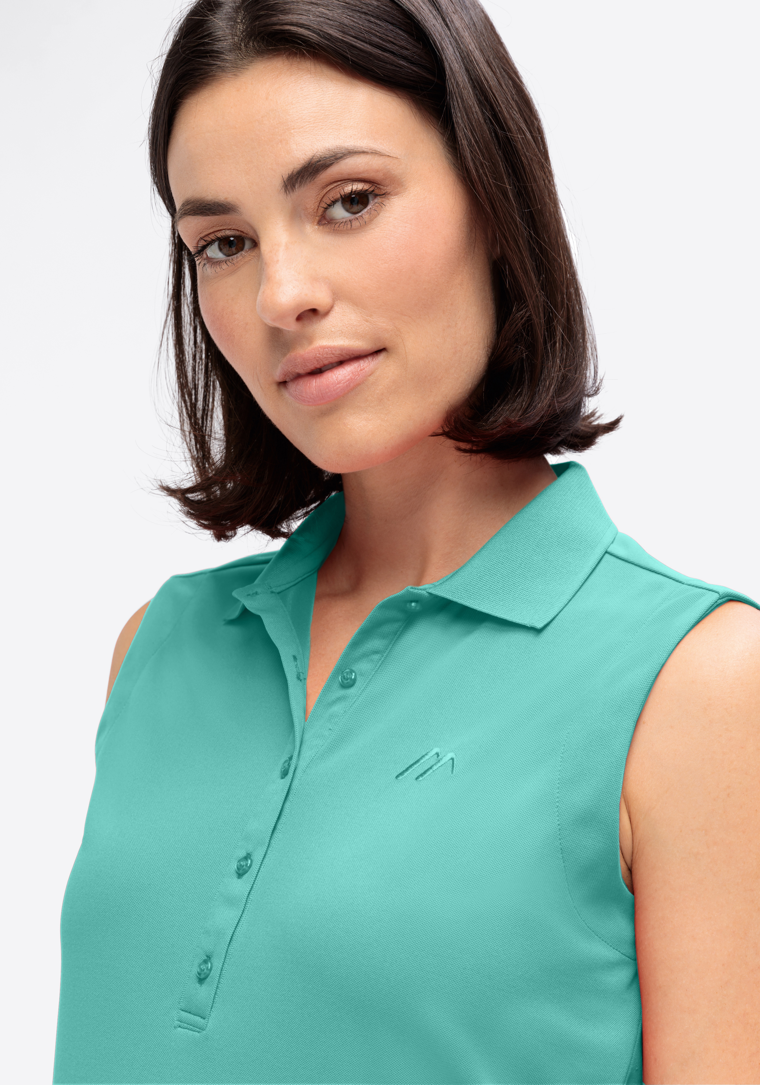 Ulrike sleeveless Bluse, Erwachsener, Weiblich, Person, Frau, Polohemd, ansatzshirt, turquoise, Kragen, Knöpfe