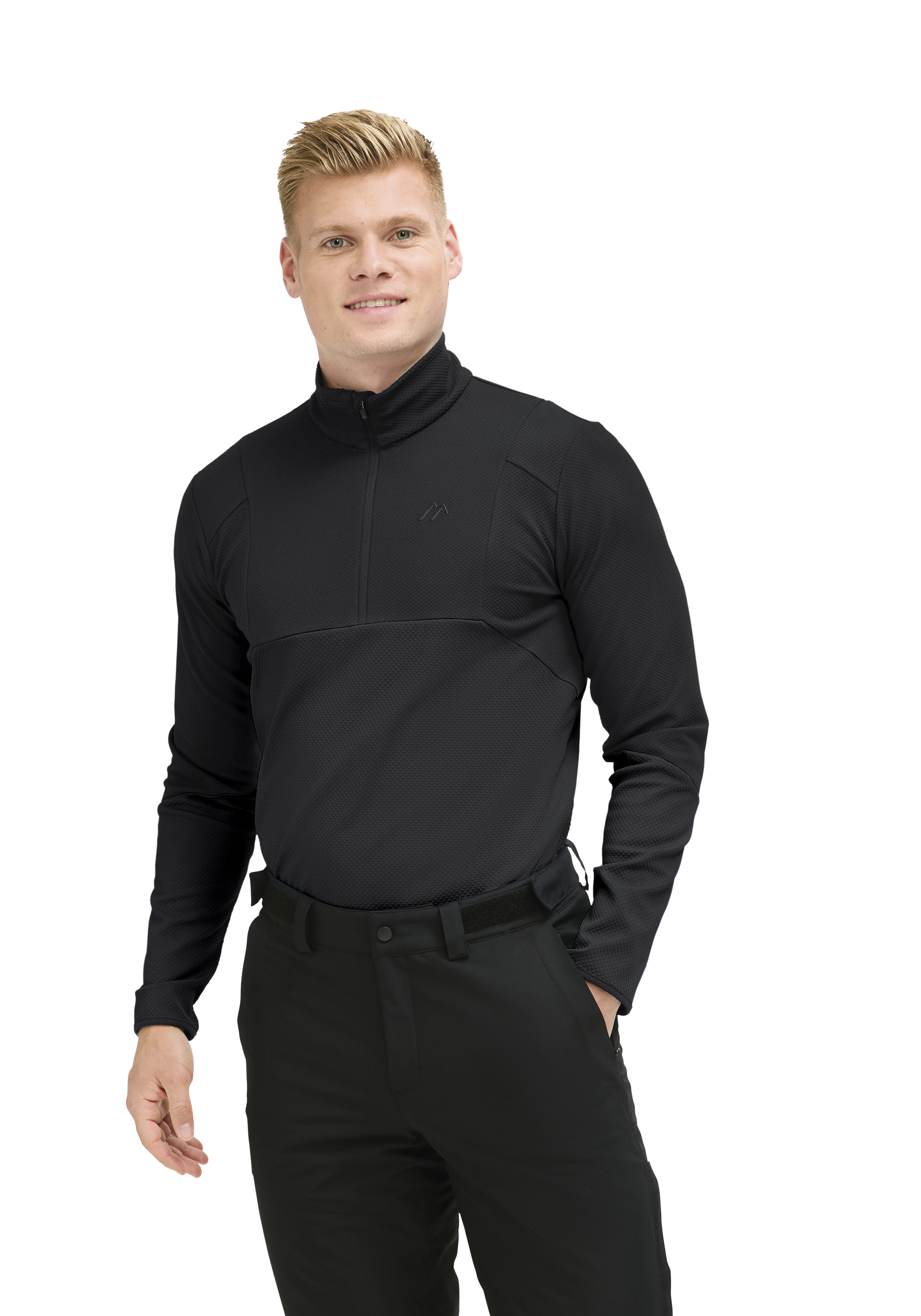 Polohemd, Langarm, Schwarz, Reißverschluss, Pufferoptik