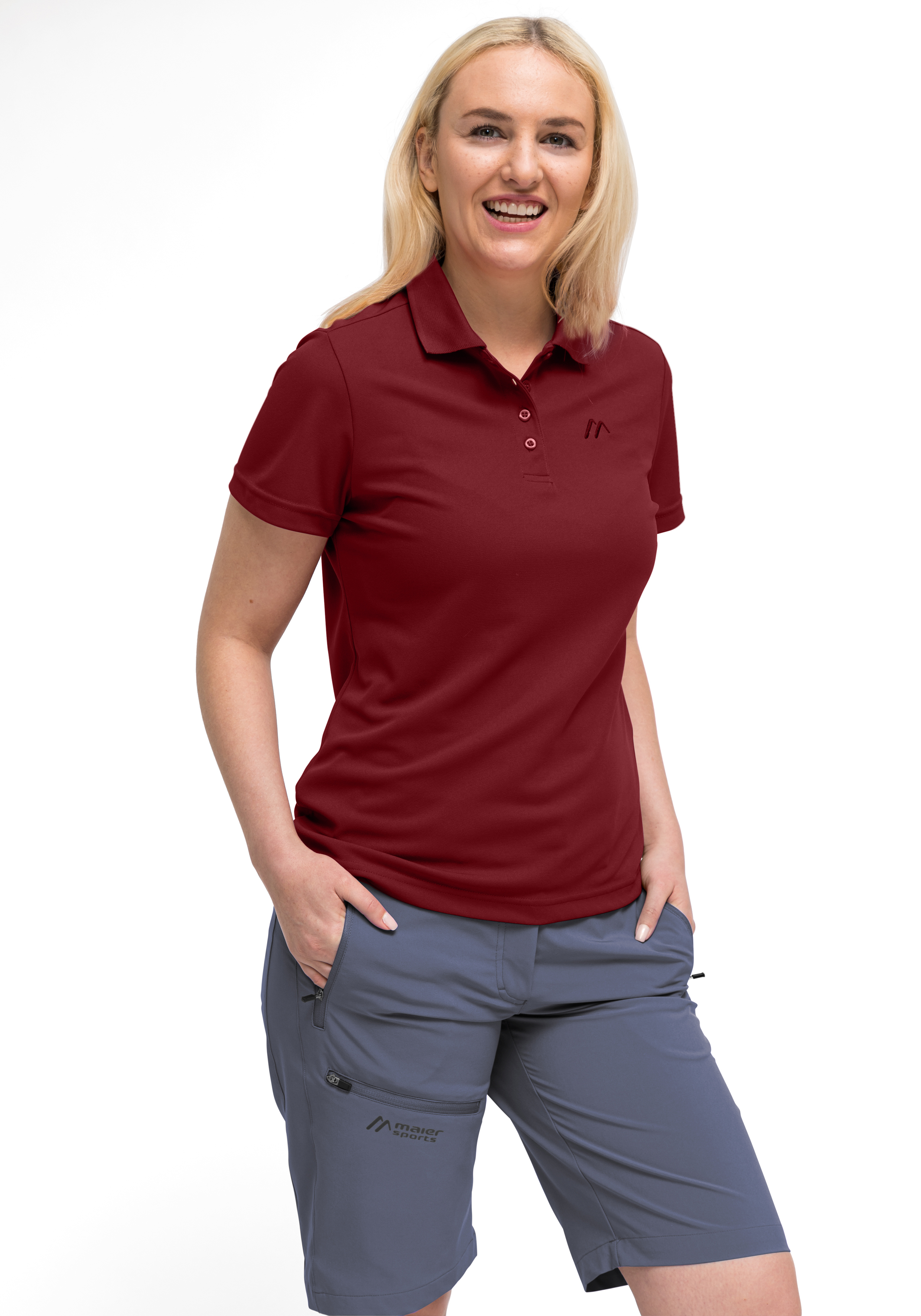 Polohemd, rote Farbe, kurze Ärmel, Sportshorts, Bermuda, Polohemd, Shortsleeves, Bordeaux, Polokragen, Damenoberteil, Polohemd, Kurzarm, Bordeaux, Damen, Casualpolo