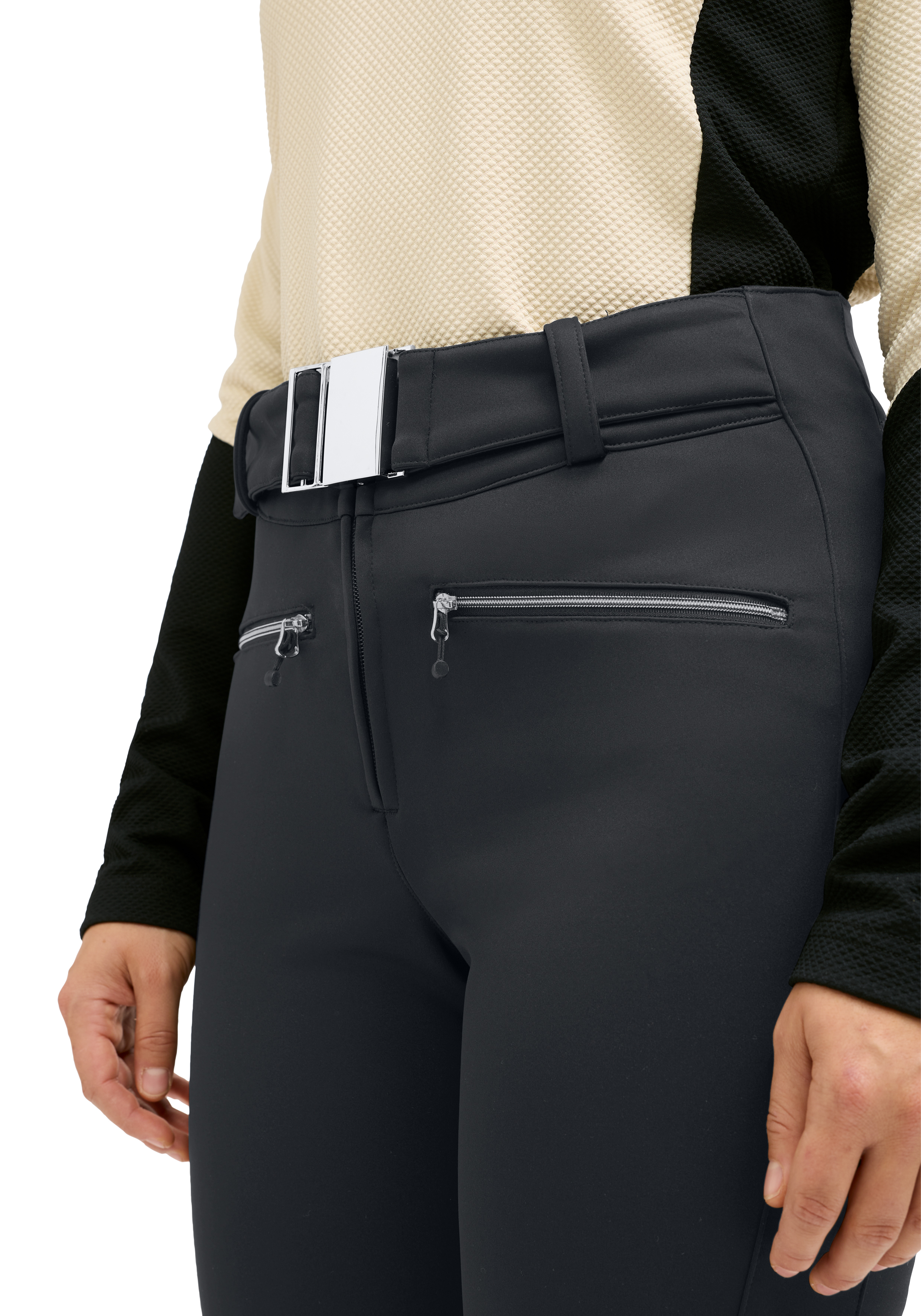 Move Up W high-waist pants, belt, zippers, slim fit, black
