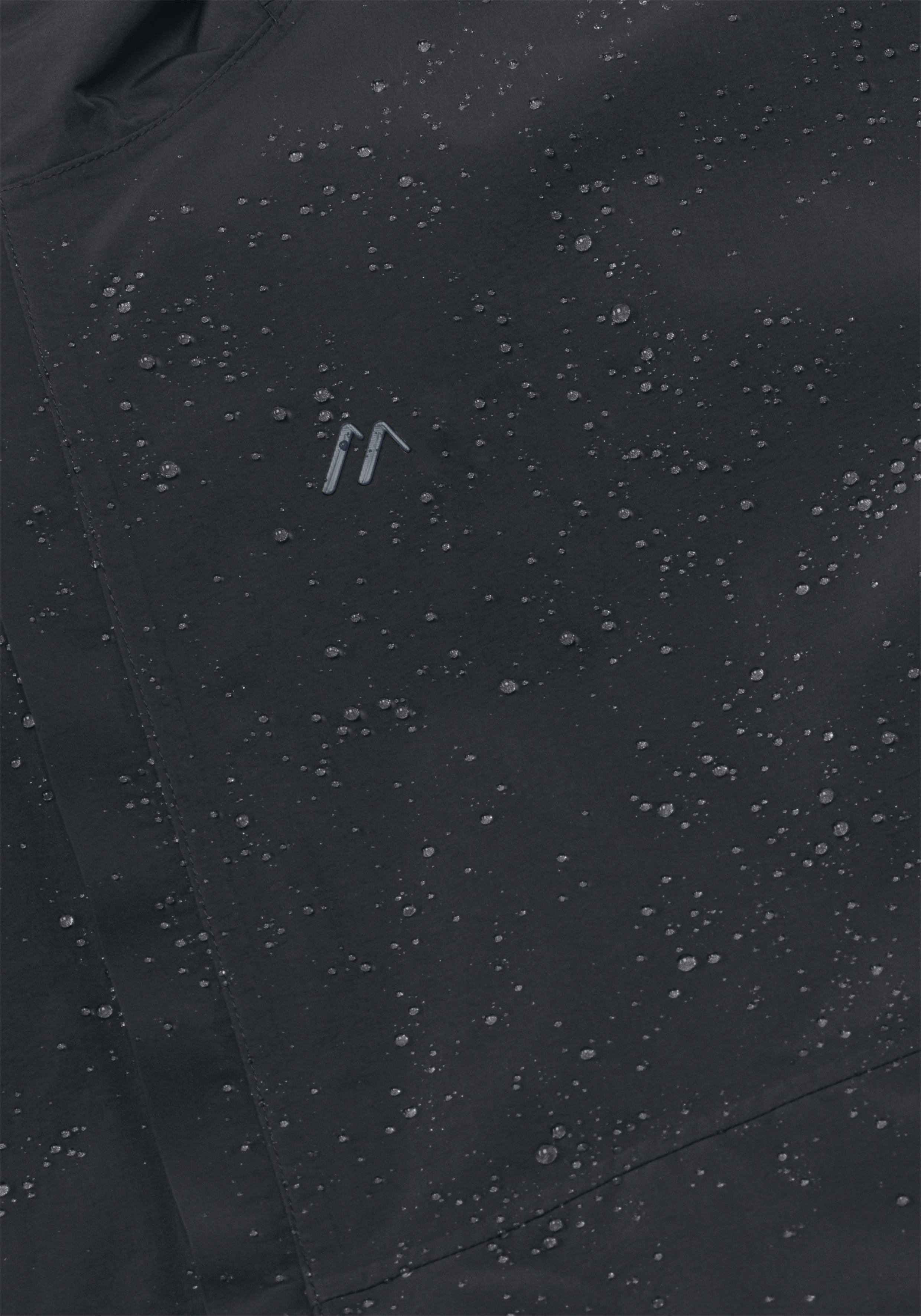 Regen Tropfen, wasserabweisend, schwarzer Stoff, Logo-Emblem, Jacke vorne, Wasserdicht, Regenjacke, Liner, Schwarz, Nähte