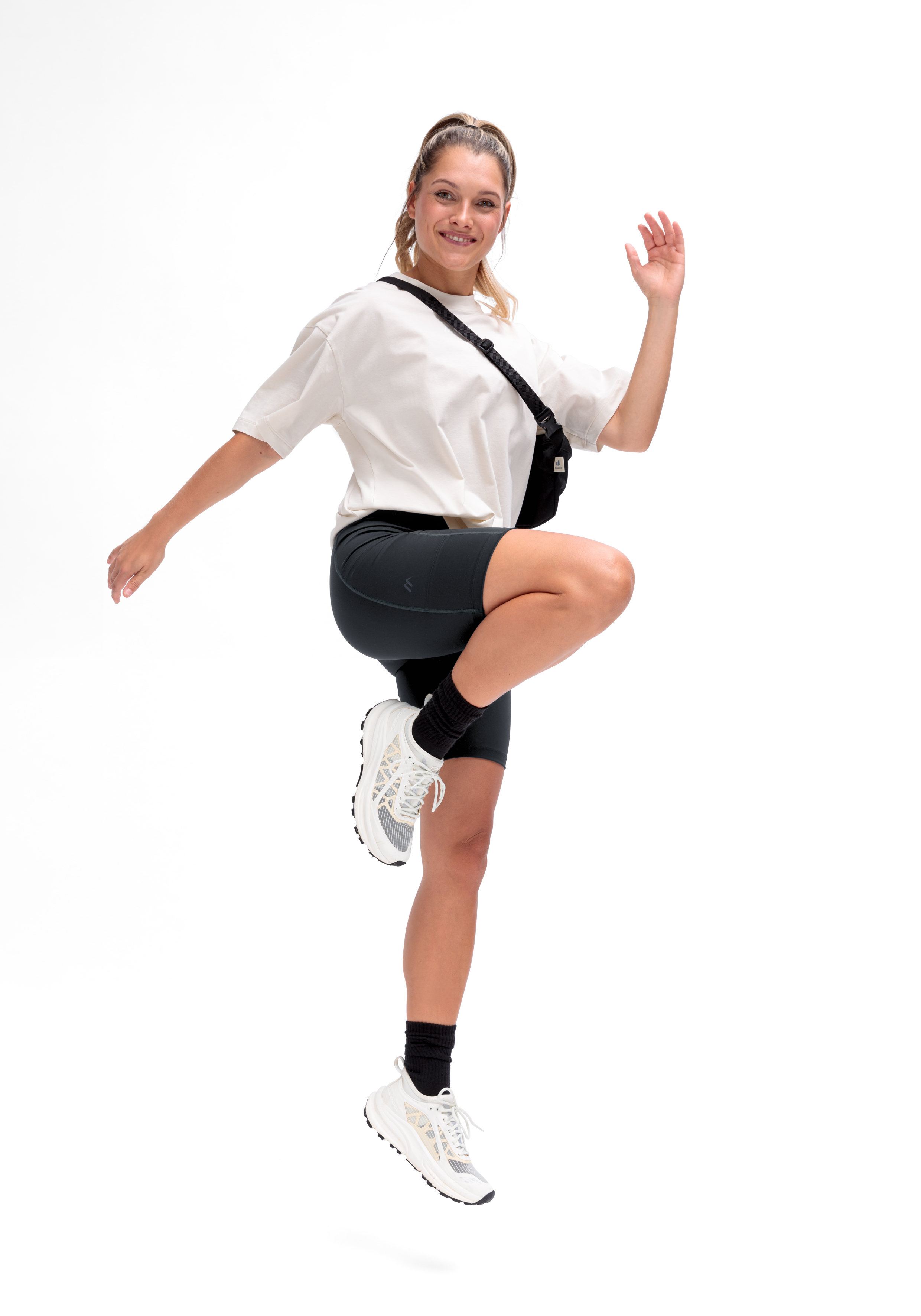 T-Shirt, Shorts, Sneaker, Crossbody bag, Athletic pose