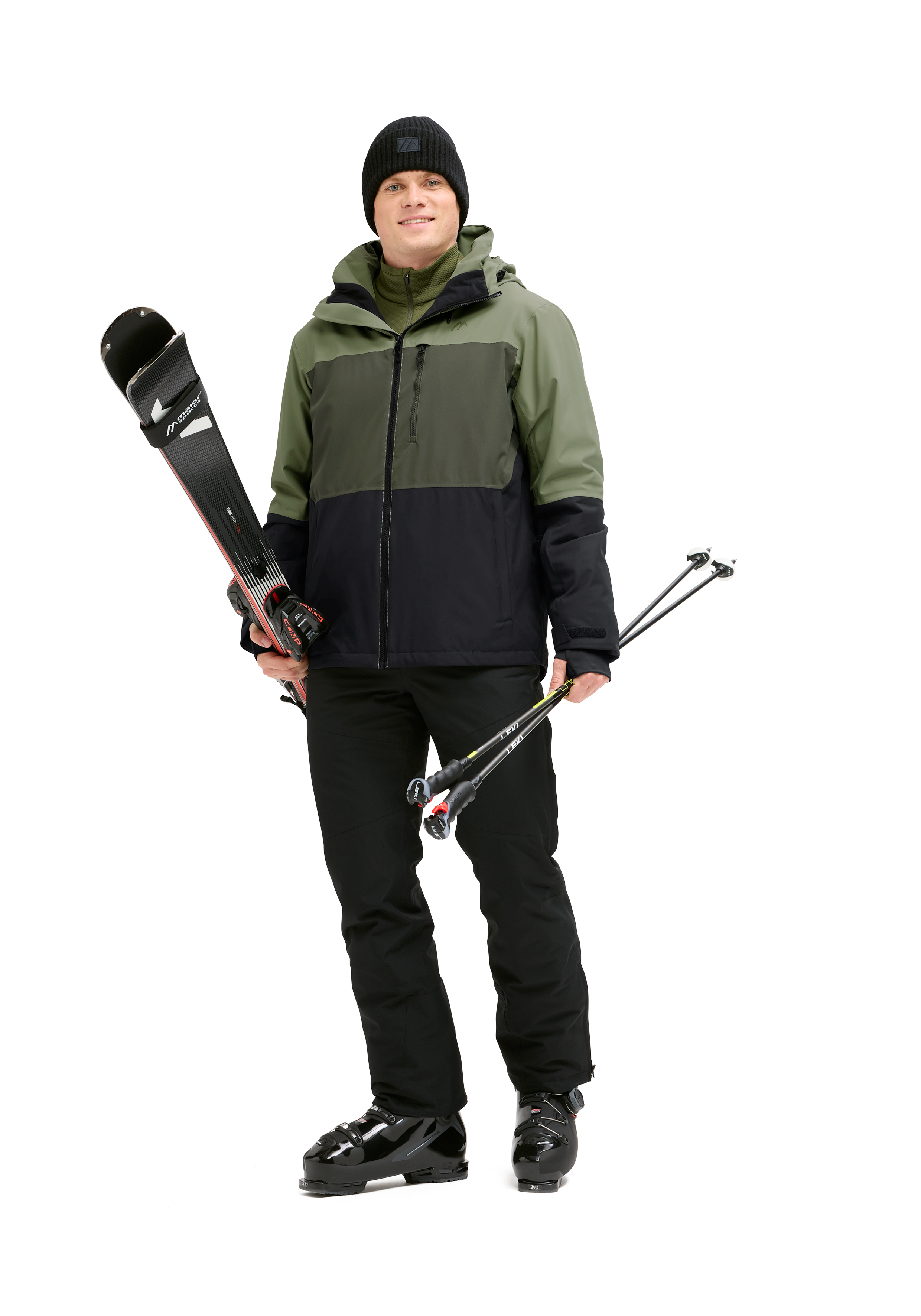 Skijacke, Winterjacke, Skihandschuhe, Skische Schuhe, Skistöcke