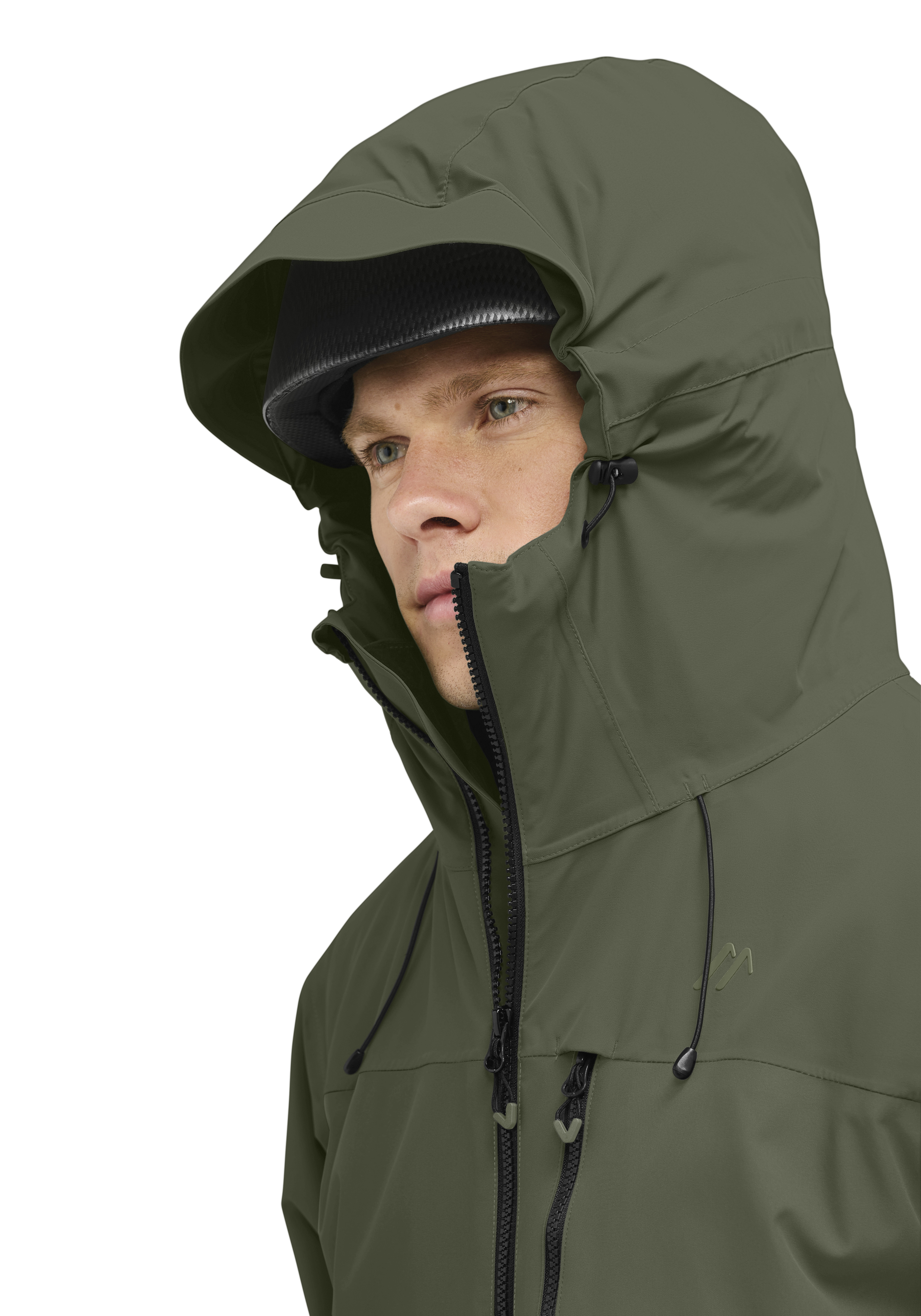 Hooded jacket, Olive green, Waterproof, Zippered pockets, High collar
