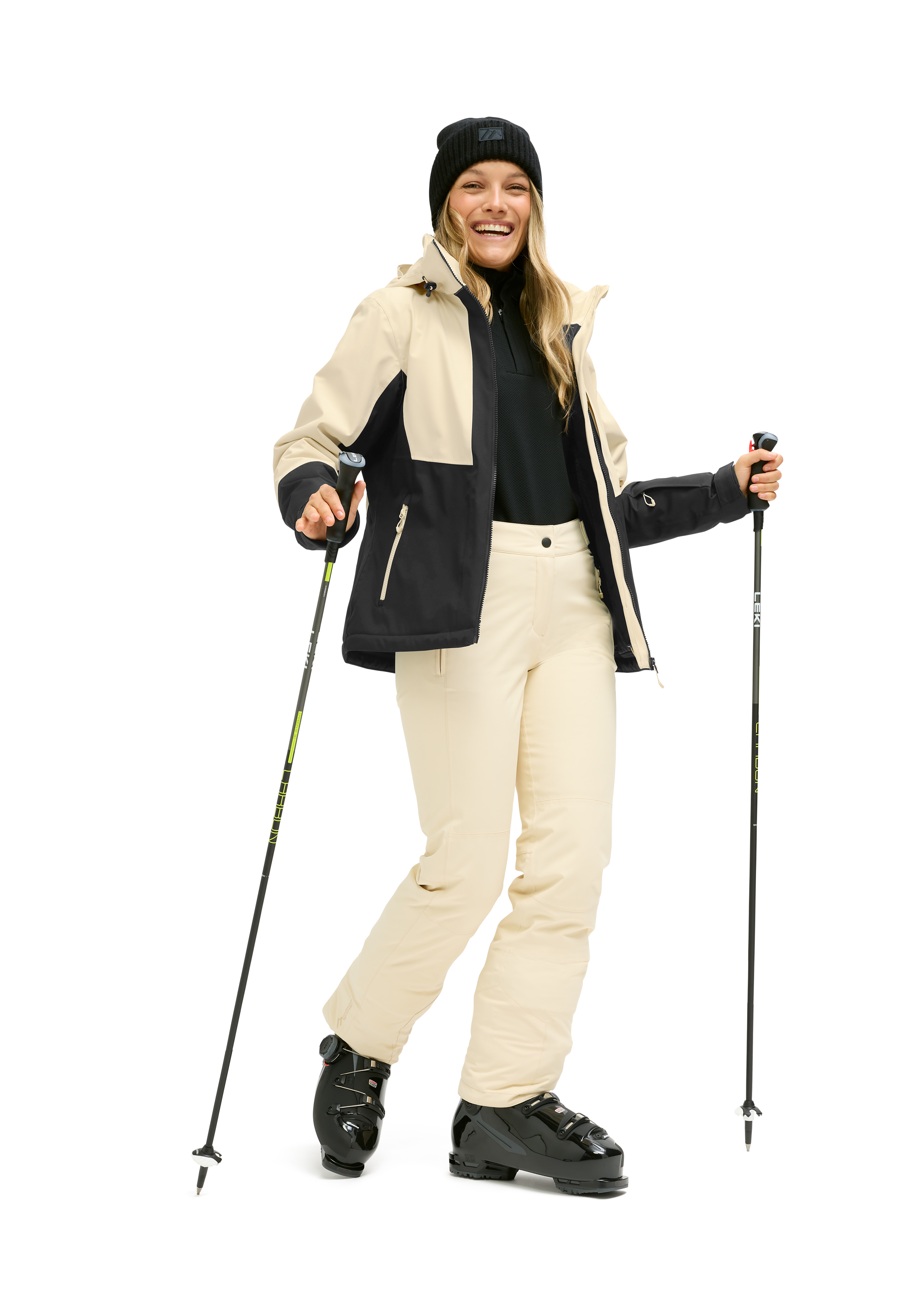 Snowboardjacke, Beige und Schwarz, Hose, Skistöcke, Beanie