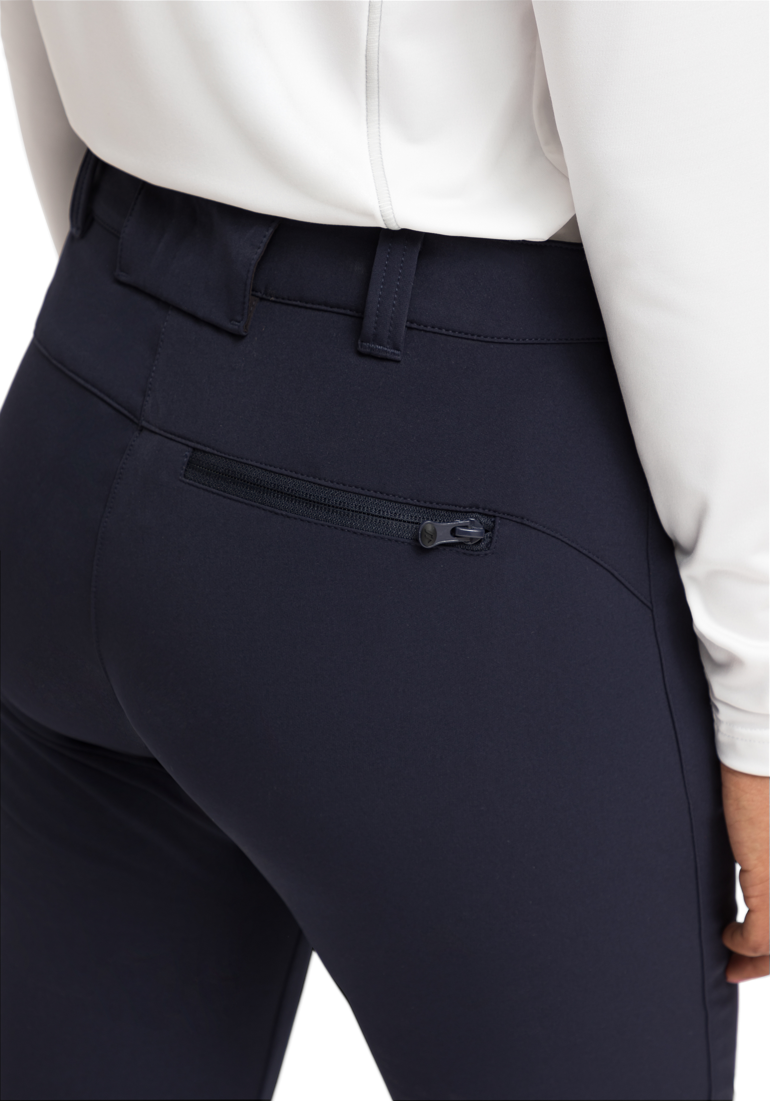 Helga slim marineblau Hose, Reißverschluss-Tasche, hintere Tasche, Gürtel Schlaufen, enge Silhouette