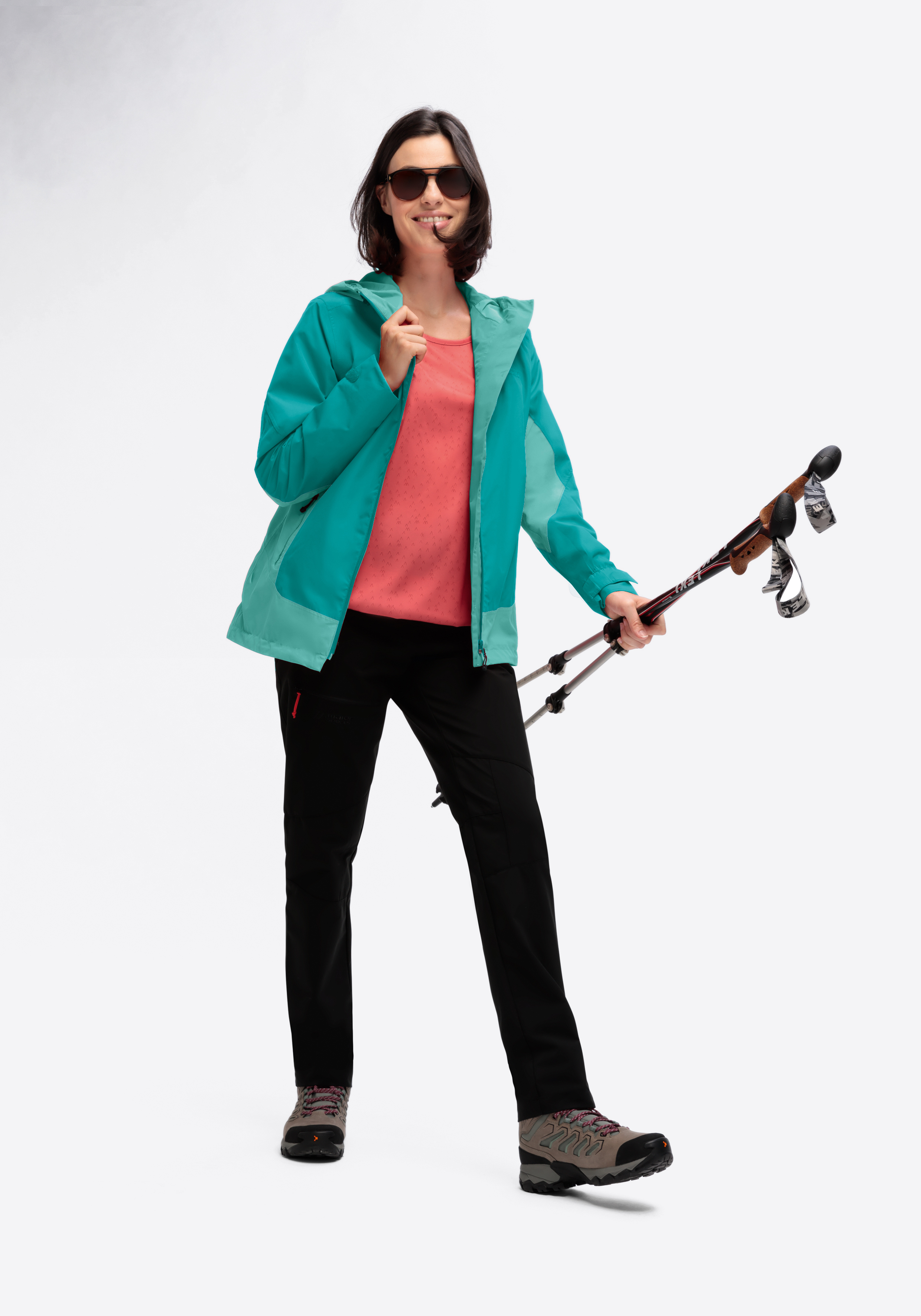 Regenjacke, Türkis, Outdoor, Hose, Skistöcke