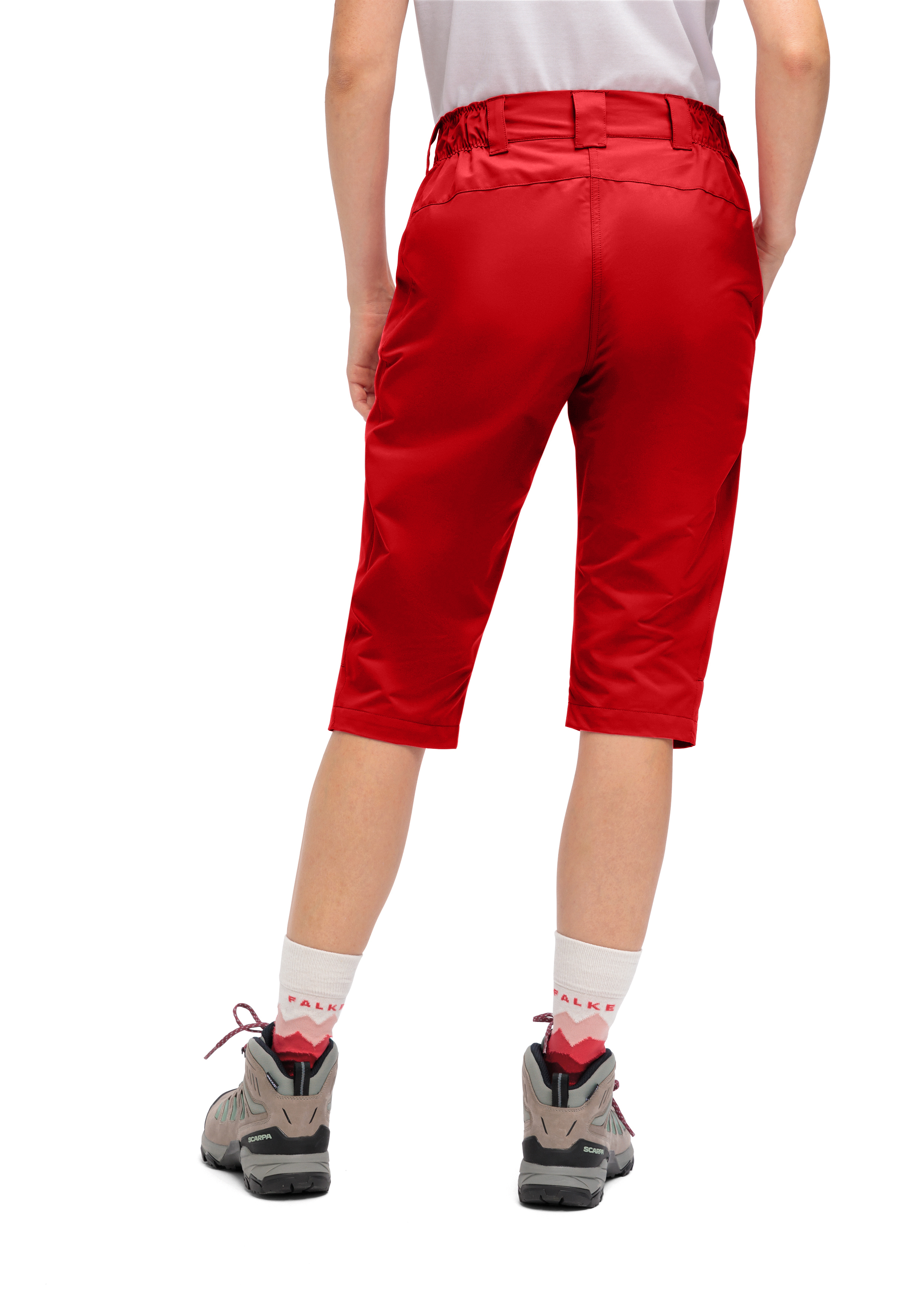 hosen, rot, knielang, socken, wanderschuhe