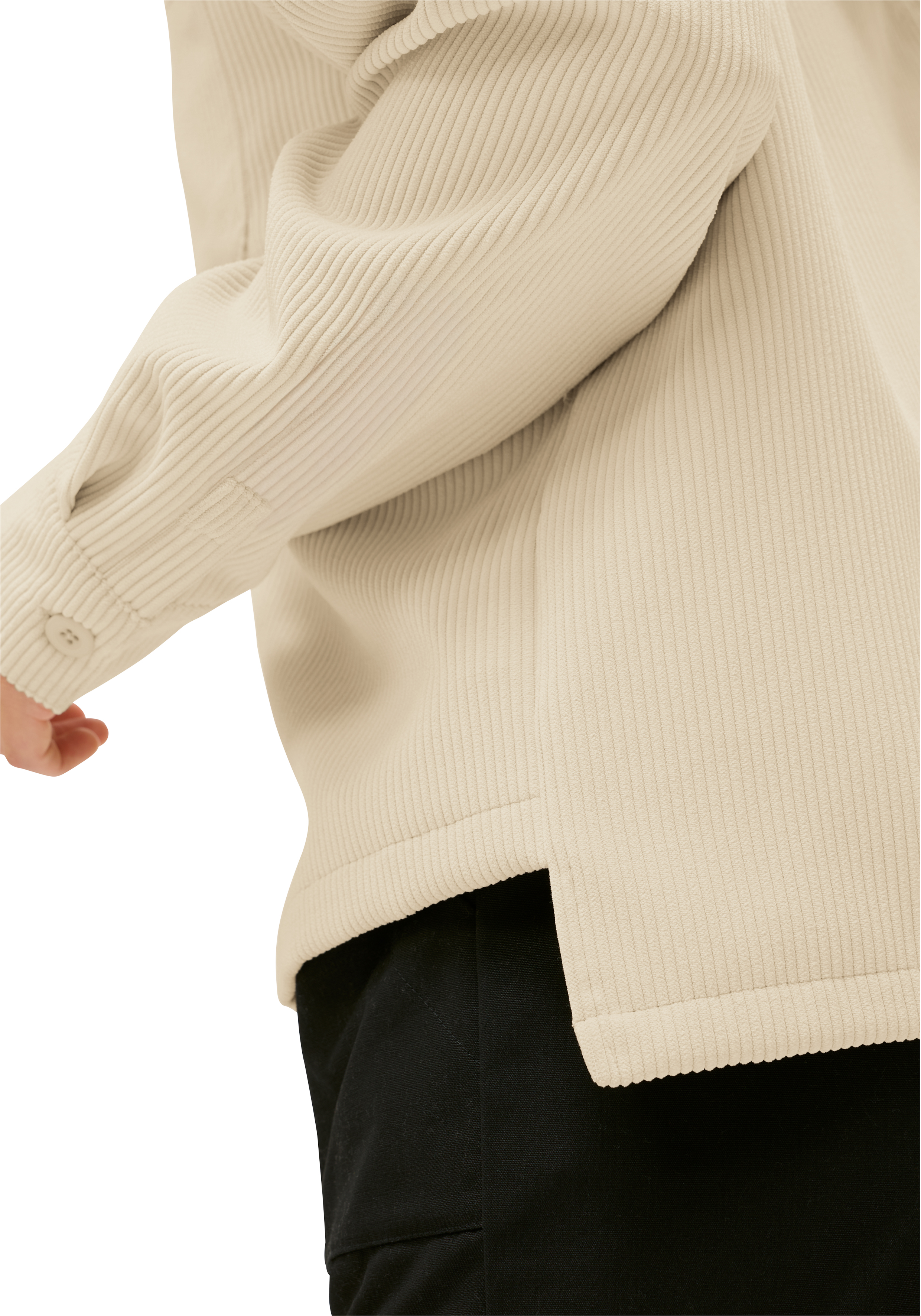 Kragenloses Oberteil, Kuschelgarn, Rippenstrick, Beige Pullover, Seitenschlitz