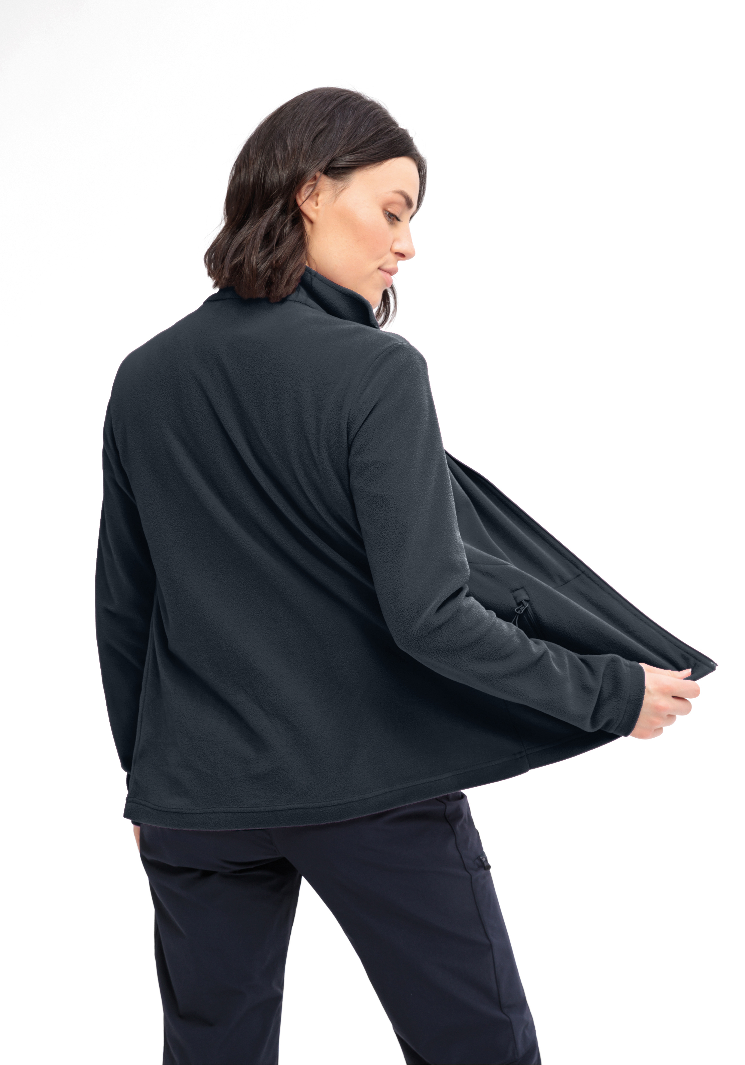 Fleece-Jacke, Zippertasche, Langarm, dunkelgrau, Fleece, Taschenreihe