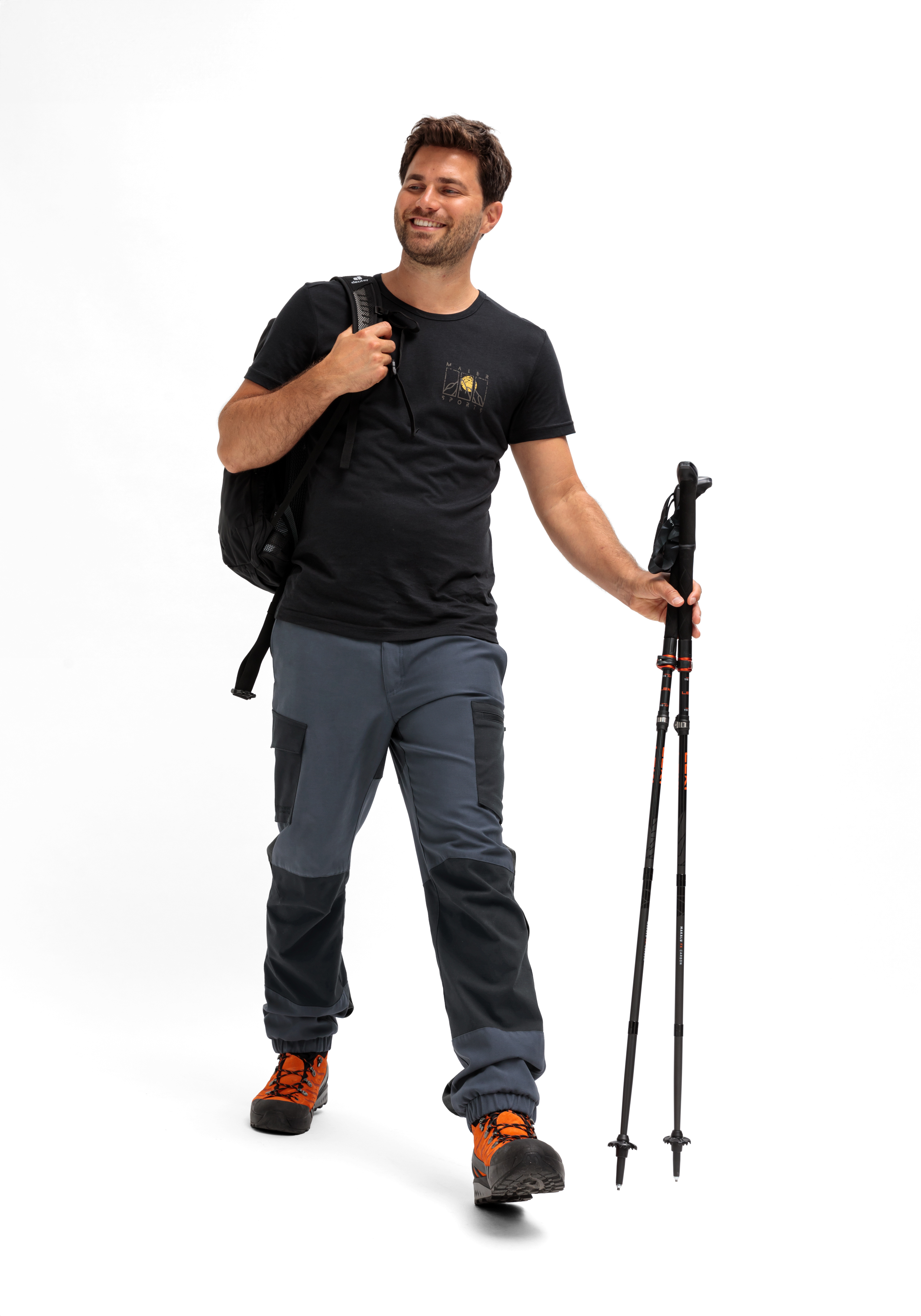 T-Shirt, Rucksack, Gehstock, Hiking pants, Hiking boots