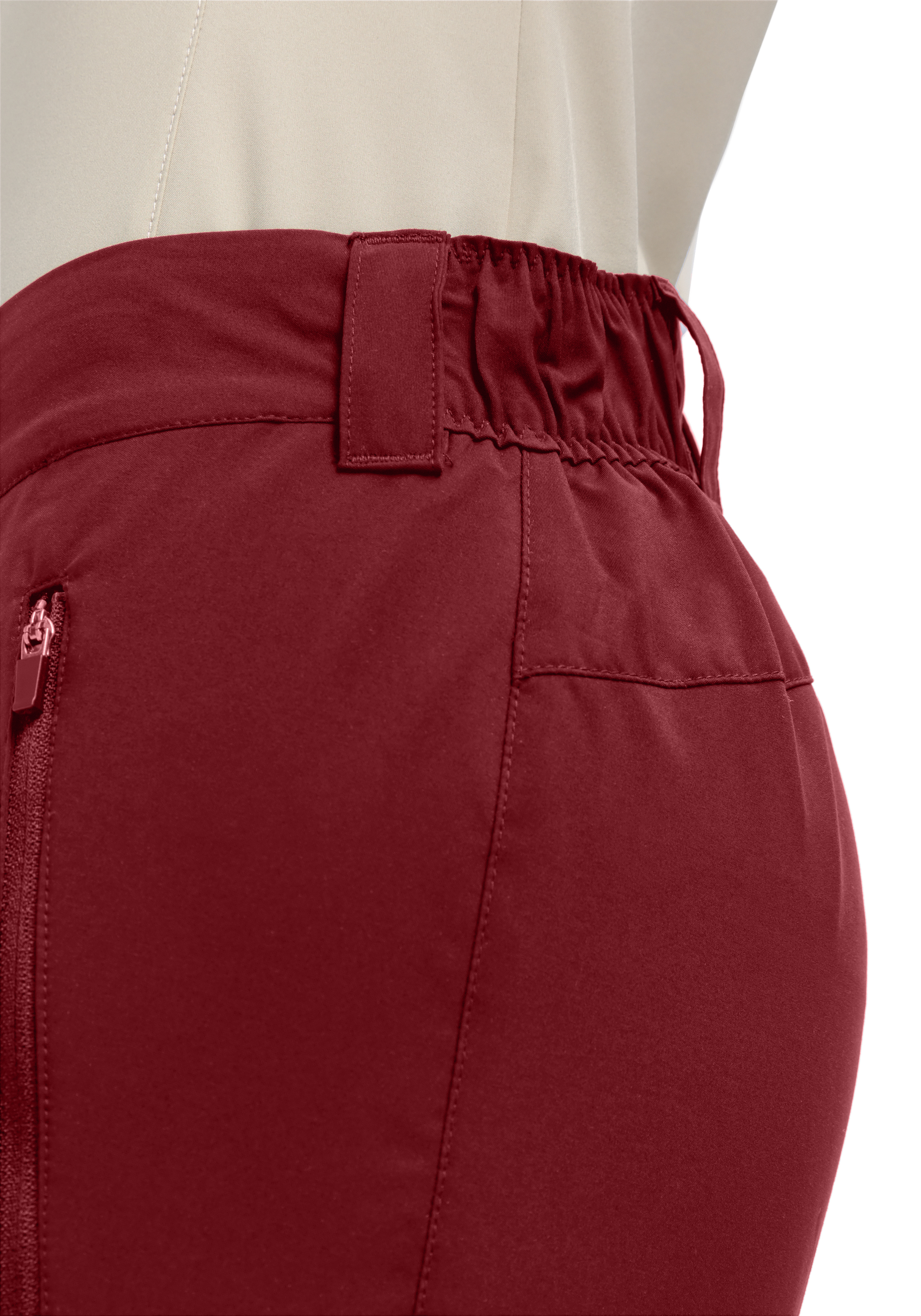 rote hose, elastischer bund, seitentasche, reissverschluss, stoffhose