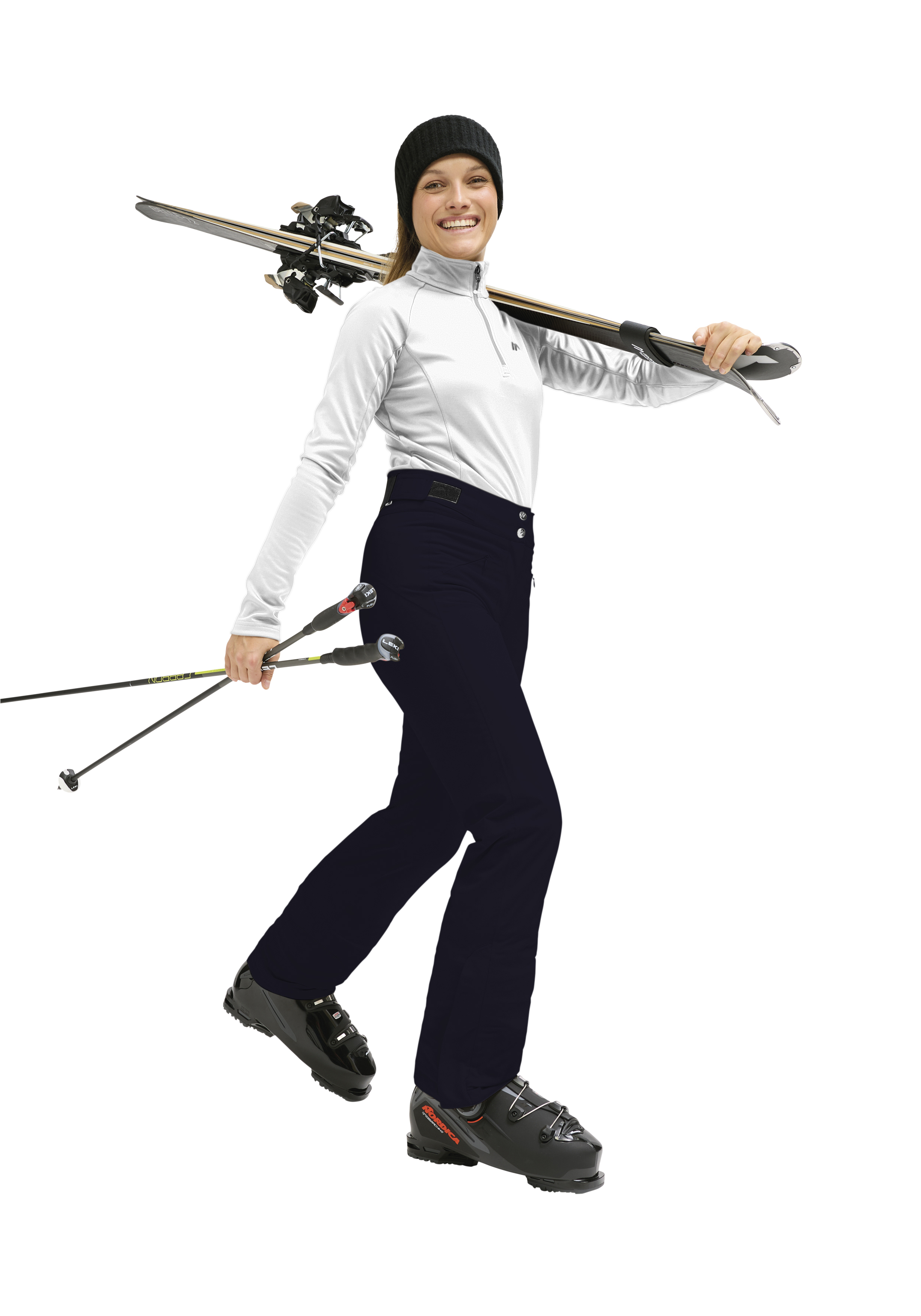 Skiausrüstung, Skihose, Skijacke, Skistiefel, Skistöcke