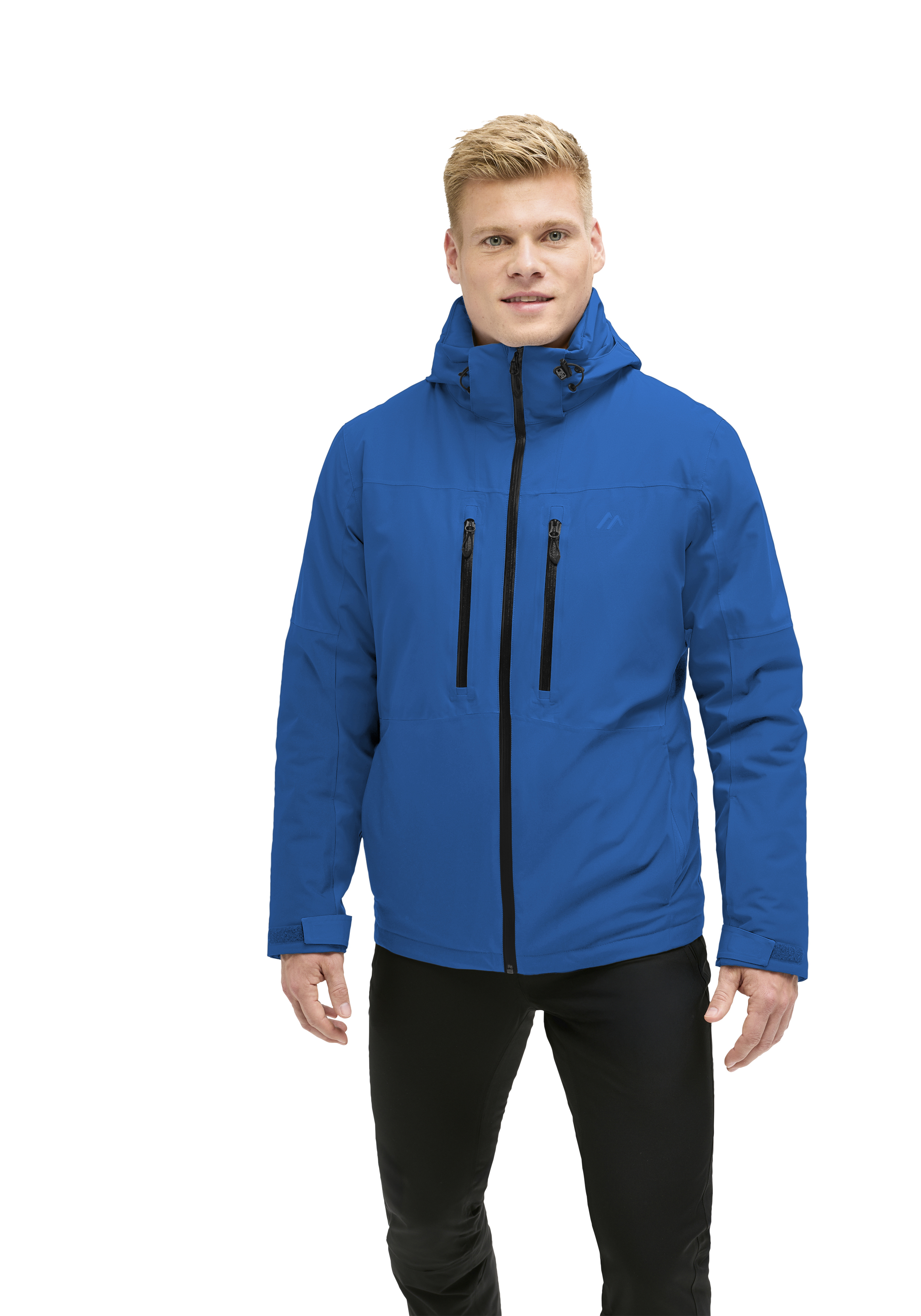 jacke, blau, kapuze, taschenreihe, softshell