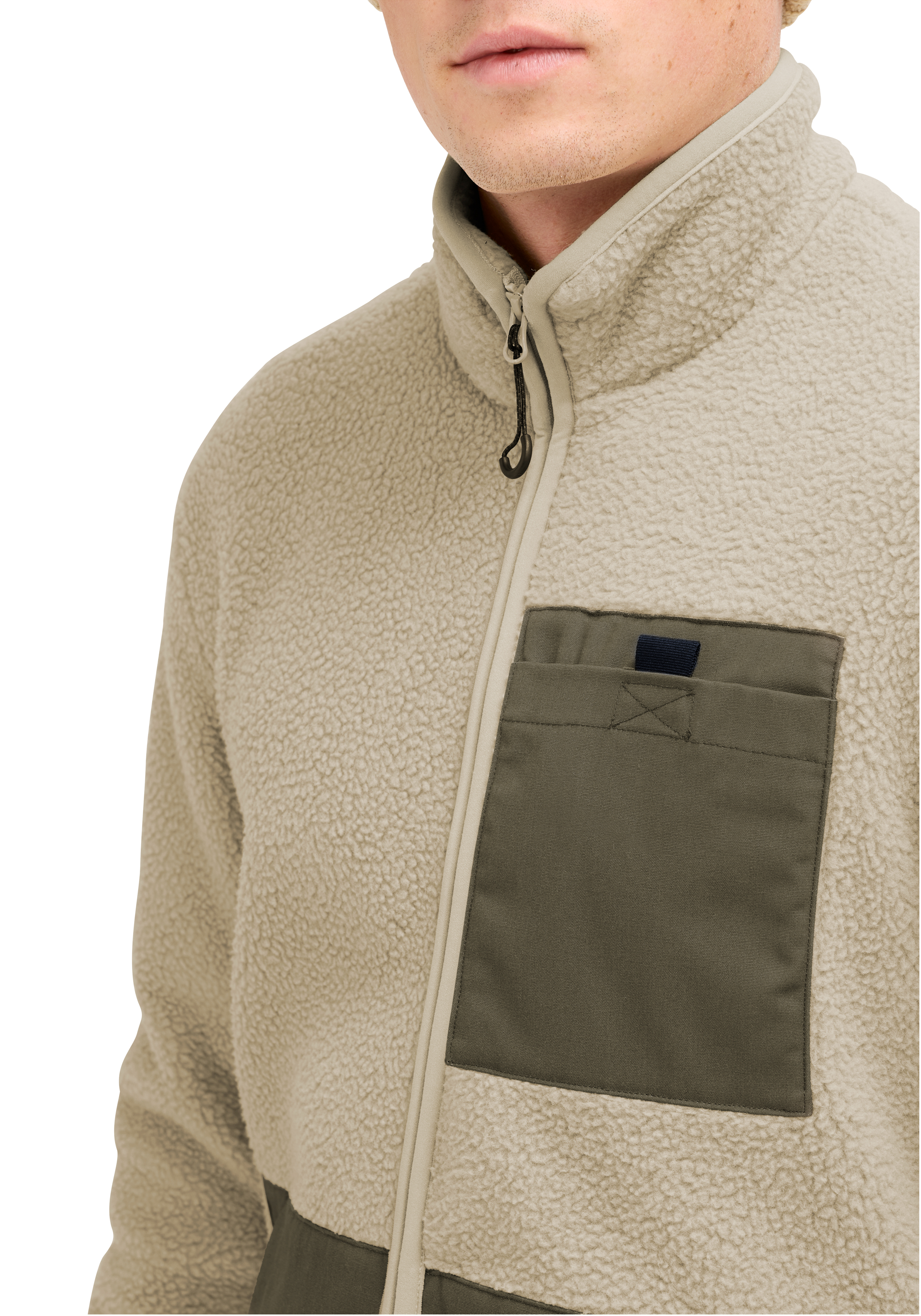Racka Plus M Fleecejacke, Reißverschluss-Kragen, Beige, Brusttasche, Kontrasttasche