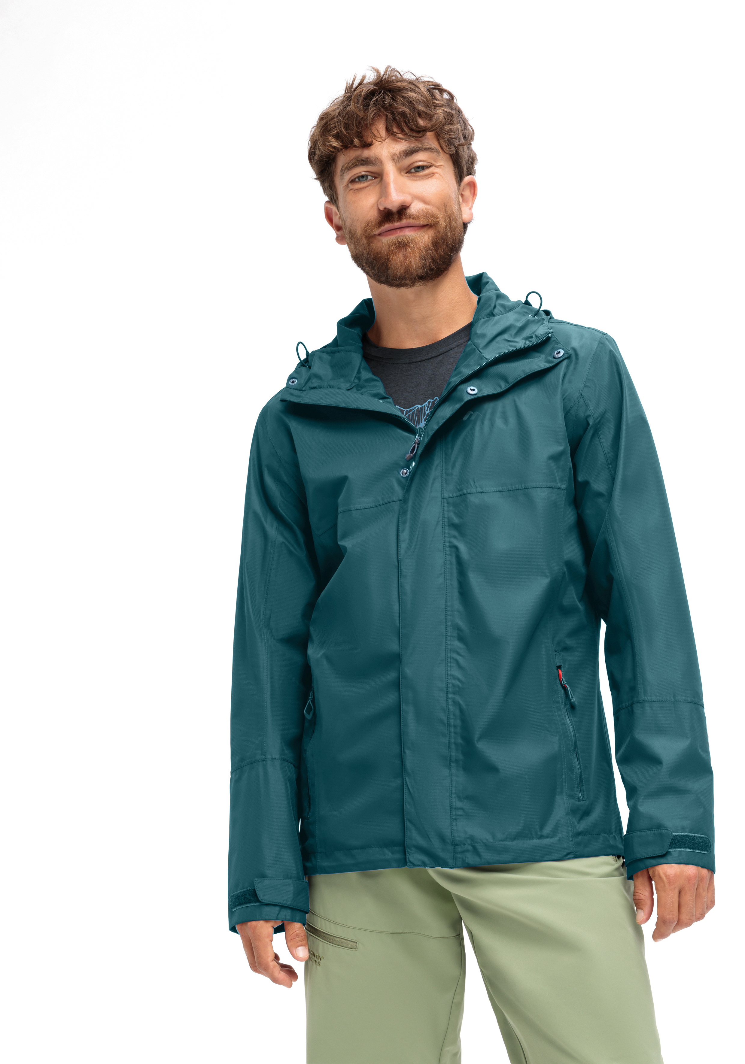 Regenjacke, Herren, Teal, Reißverschluss, Kapuze