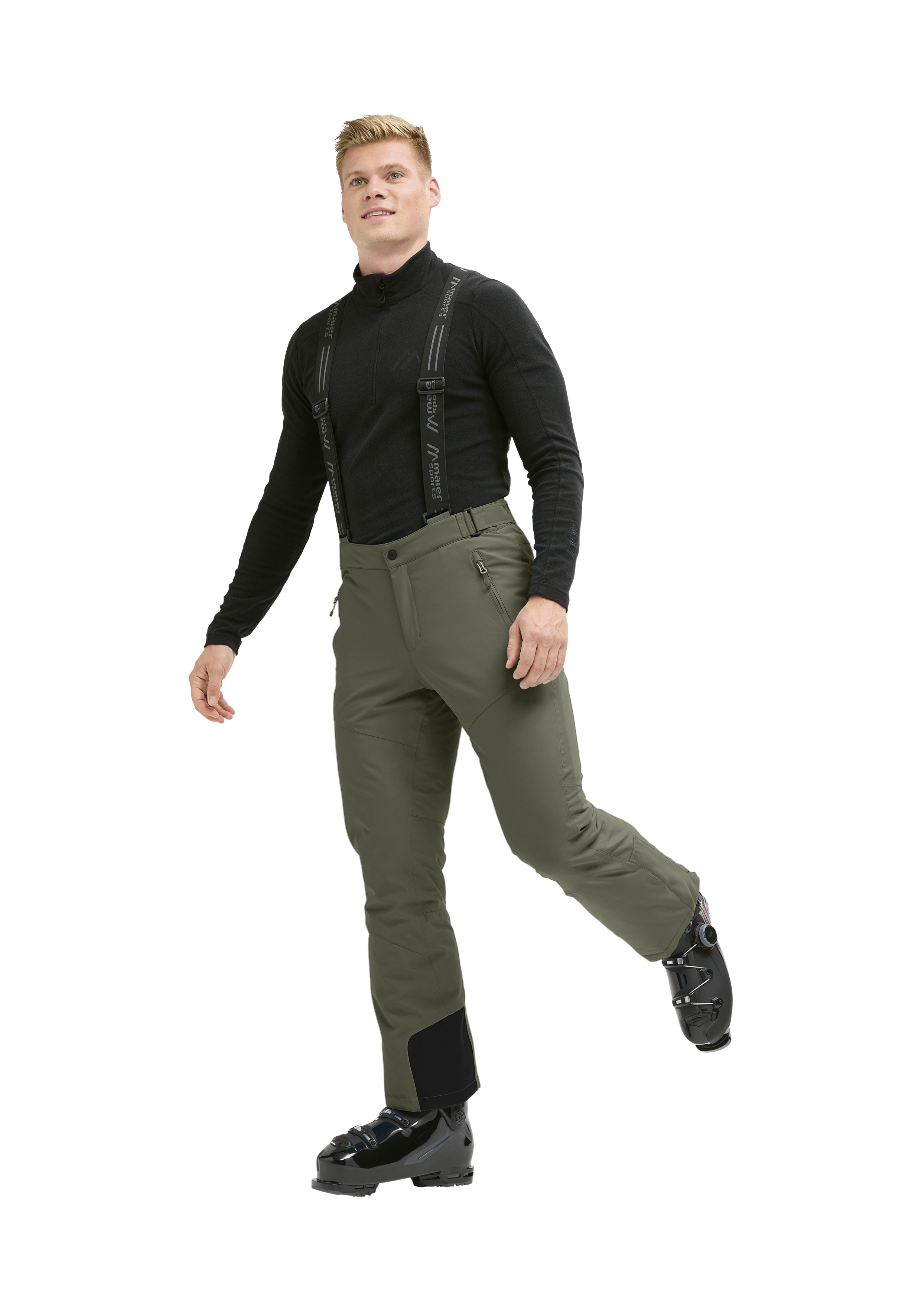 ski pants, Schnallen, schwarzes Oberteil, olivfarbene Hose, Schneestiefel