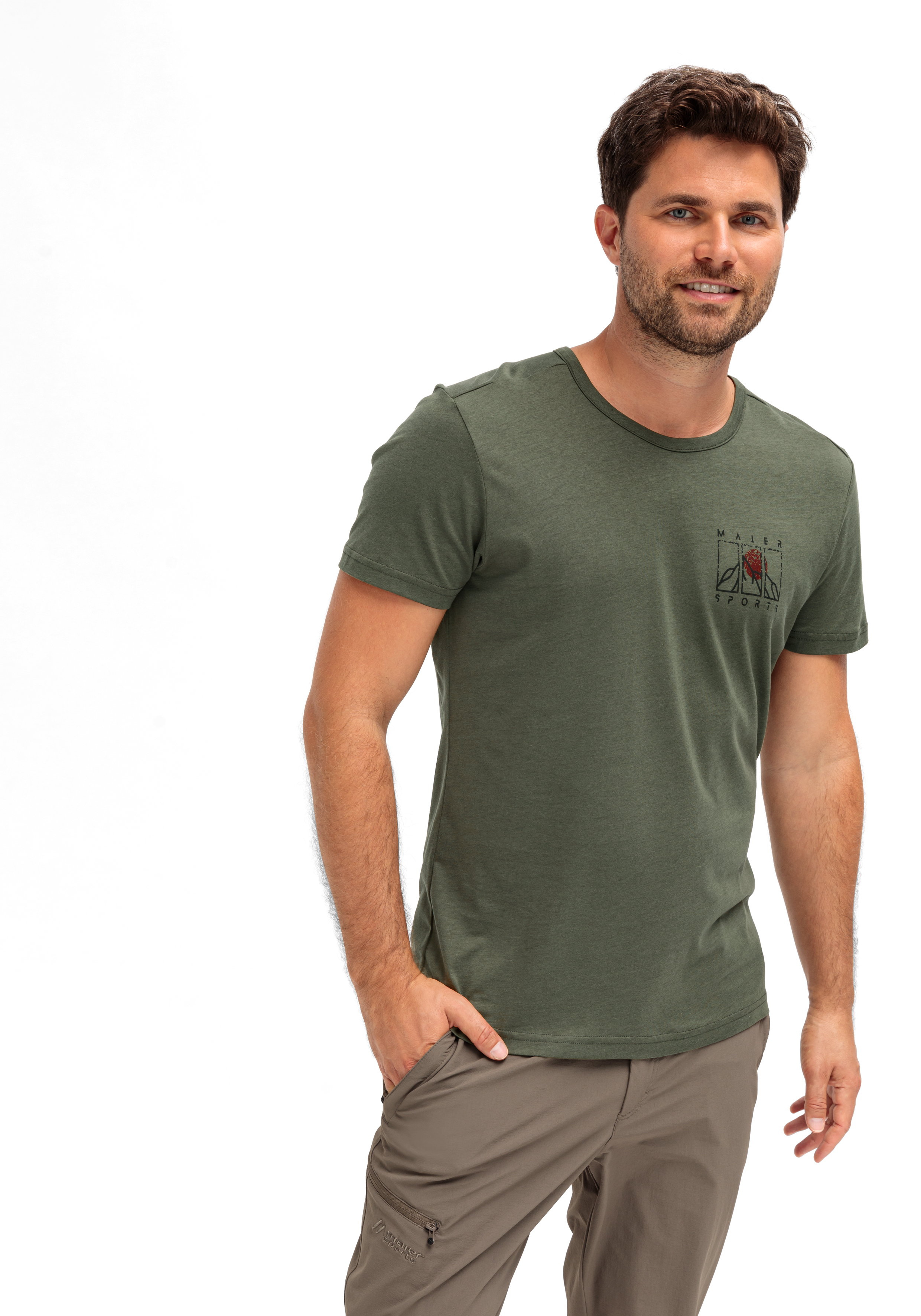 T-Shirt, Olivengrün, Rundhals, Kurzarm, Grafik-Tasche