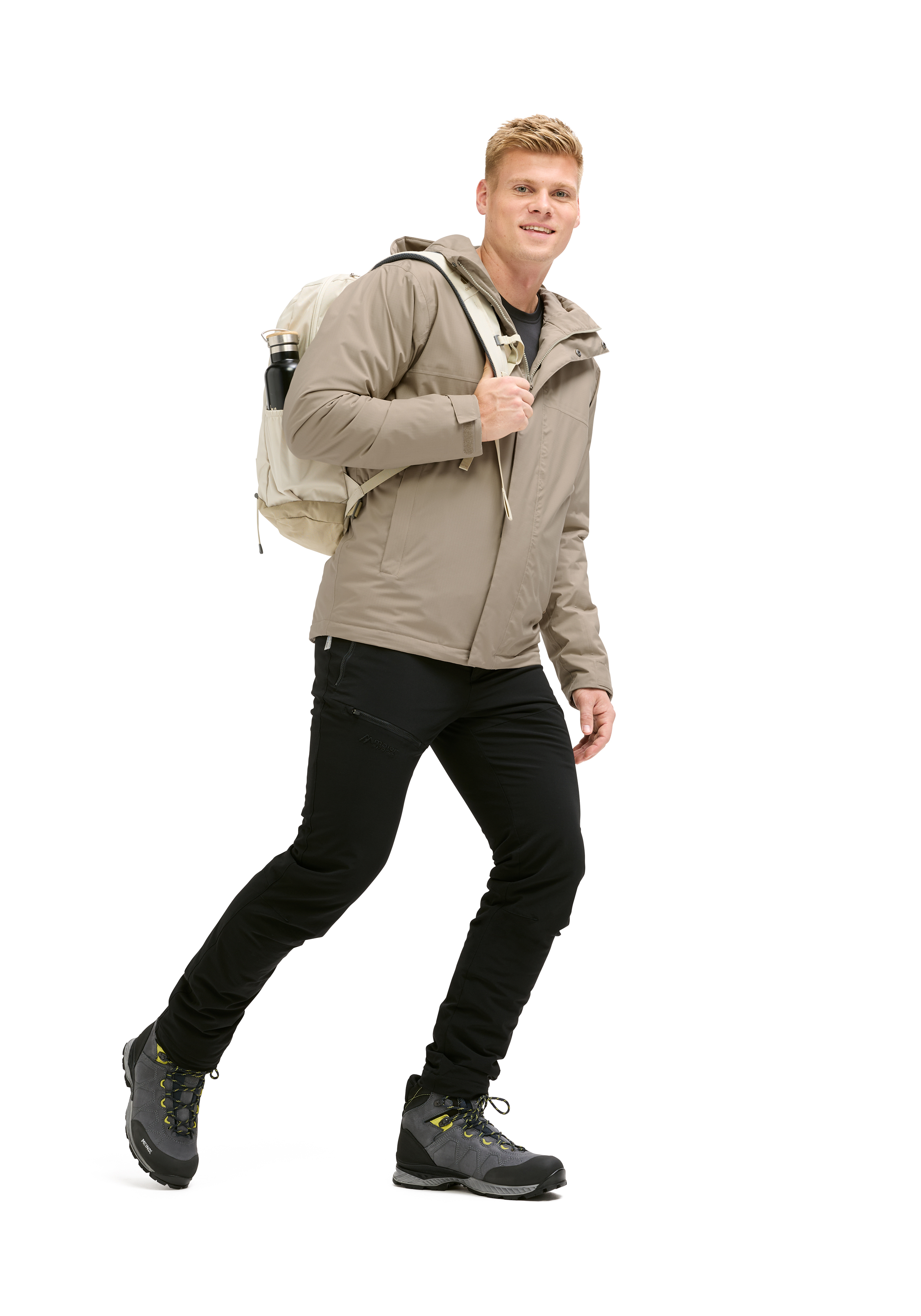 Elite Warm M Wanderrjacke, Rucksack, Trailenschuhe, Beige Jacke, Schwarze Hose