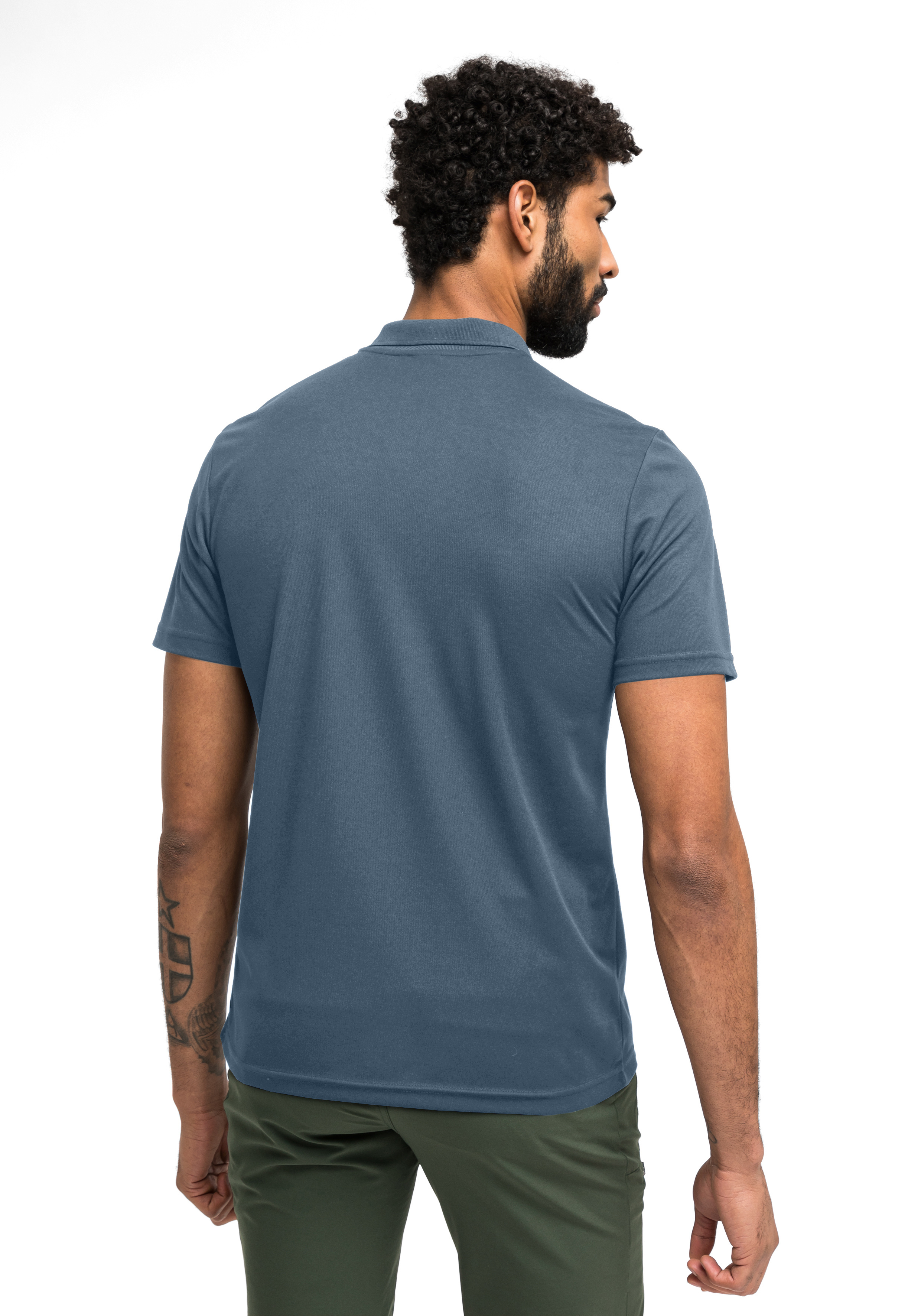 Polohemd, Kurzarm, blaugrau, Baumwolle, Rückansicht, Polohemd, kurzarm, blau-grau, Baumwollmischung, Rückseite