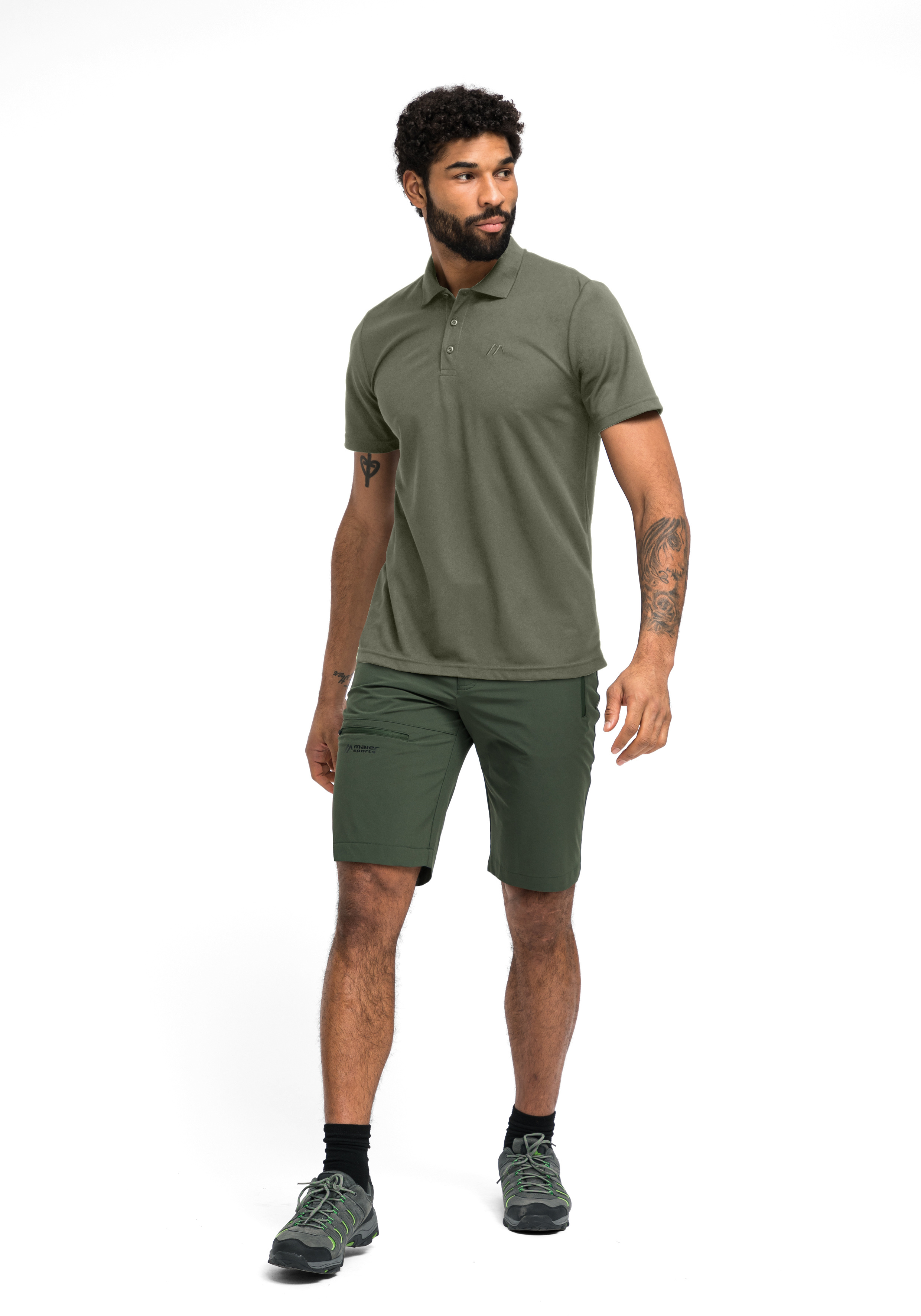 Polohemd, Kurzarm, Olivgrün, Polo-Shirt, Trainingsshorts, Polohemd, Kurzarm, Olive-Grün, Fitnessshorts, Outdoor-Set